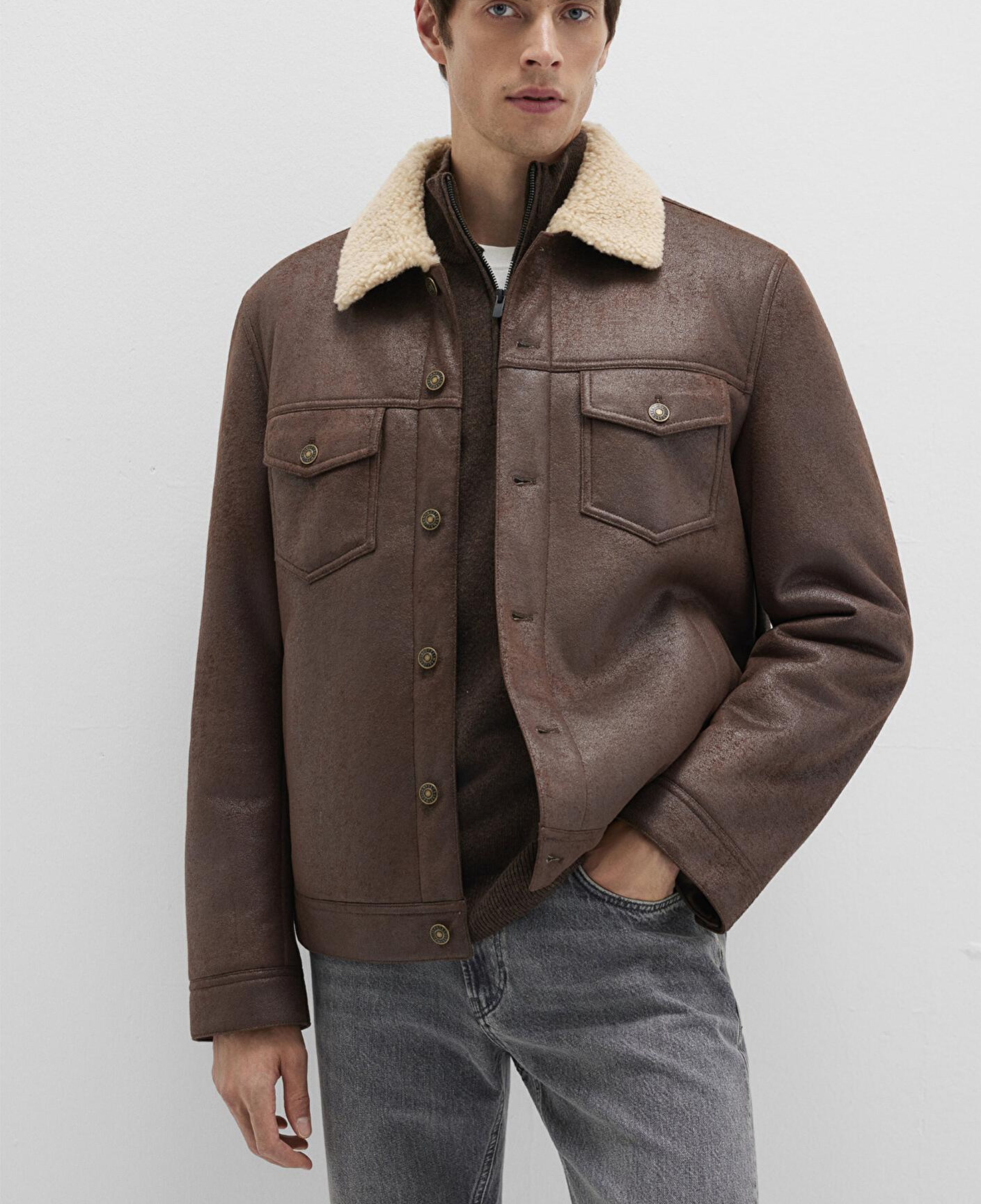 Mavi Suni Kürk Detaylı Kahverengi Suni Deri Ceket Regular Fit / Normal Kesim 0110460-71603