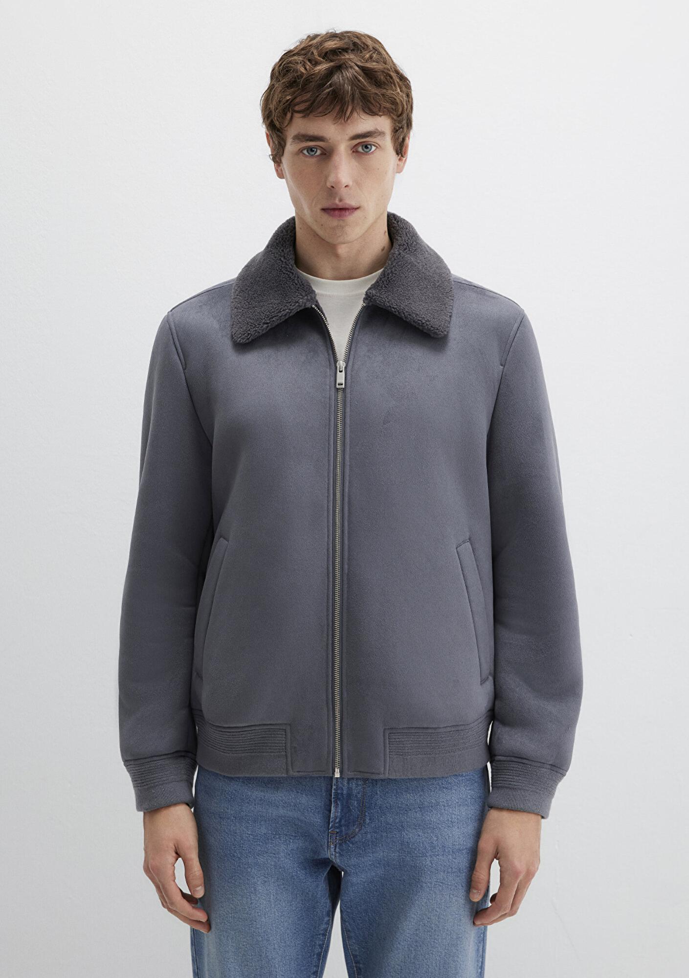 Mavi Suni Kürk Detaylı Gri Suni Süet Ceket Regular Fit / Normal Kesim 0110450-80776