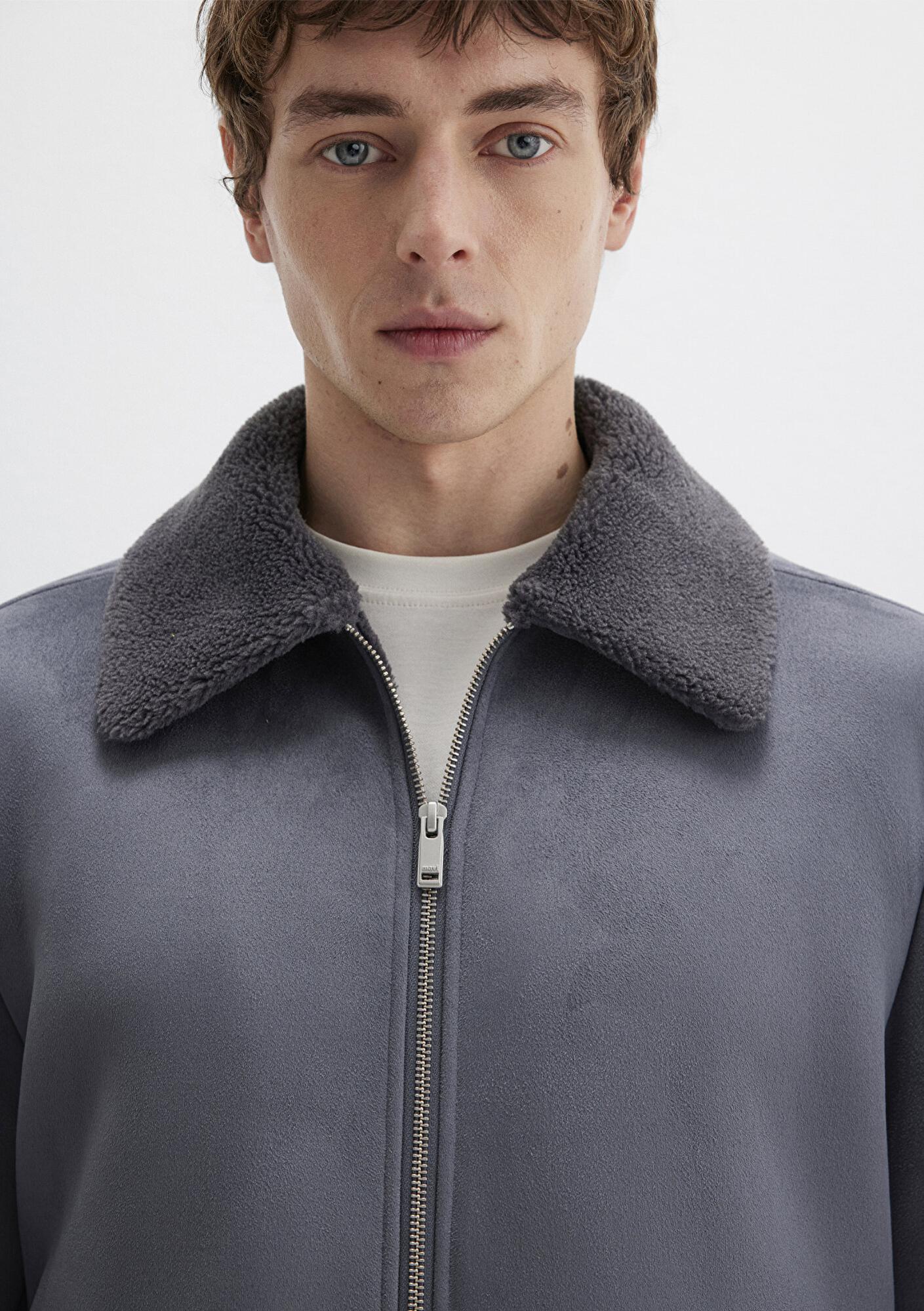 Mavi Suni Kürk Detaylı Gri Suni Süet Ceket Regular Fit / Normal Kesim 0110450-80776