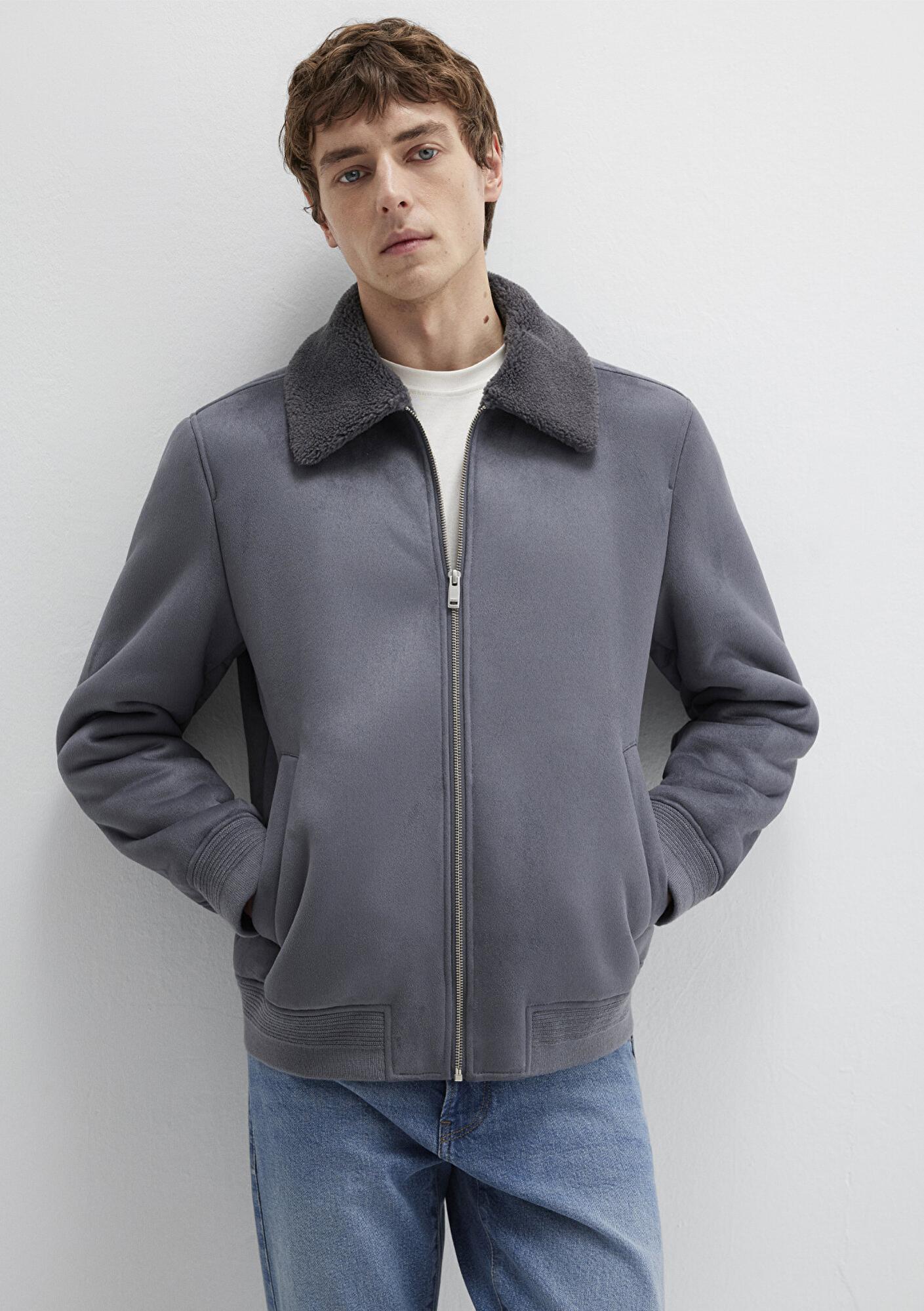 Mavi Suni Kürk Detaylı Gri Suni Süet Ceket Regular Fit / Normal Kesim 0110450-80776