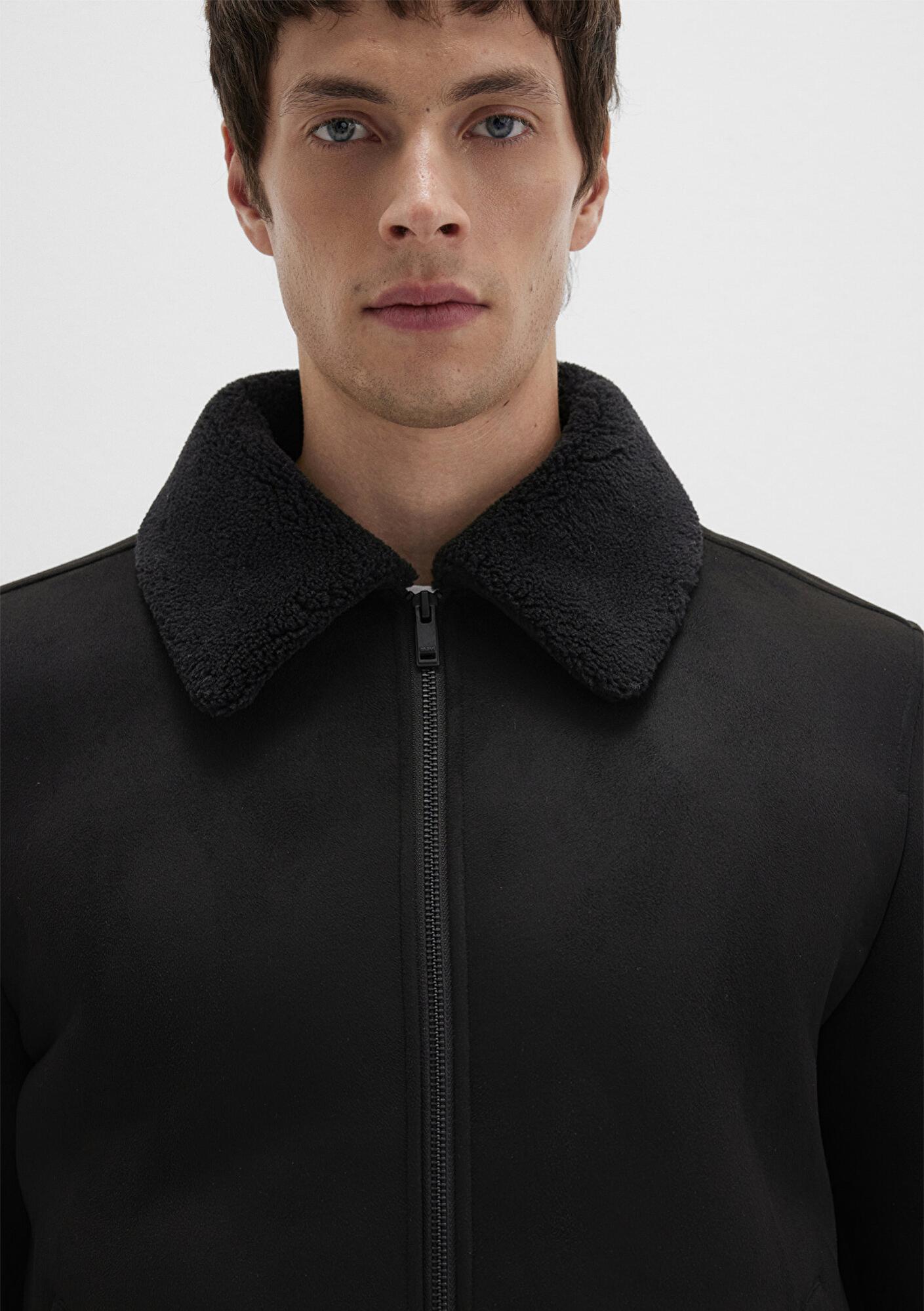 Mavi Suni Kürk Detaylı Siyah Suni Süet Ceket Regular Fit / Normal Kesim 0110450-900