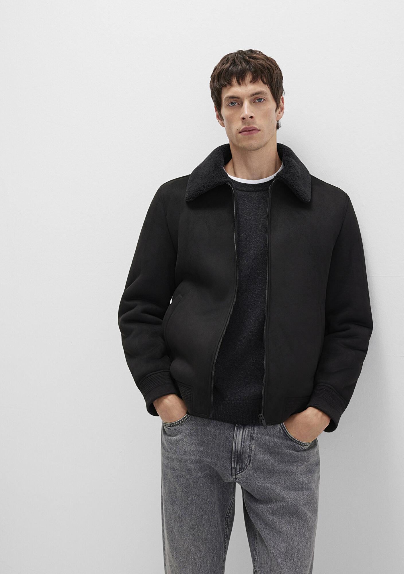 Mavi Suni Kürk Detaylı Siyah Suni Süet Ceket Regular Fit / Normal Kesim 0110450-900