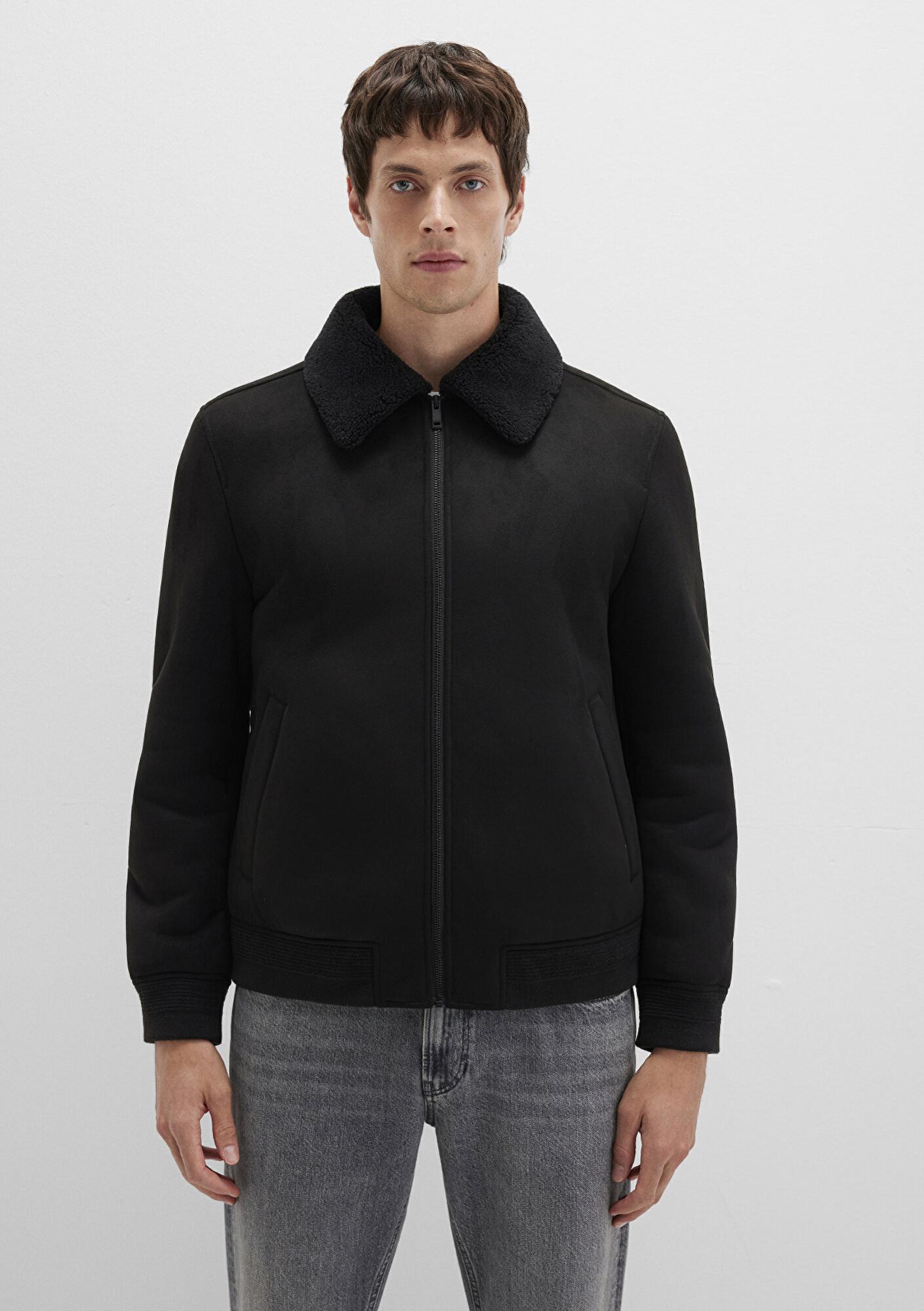 Mavi Suni Kürk Detaylı Siyah Suni Süet Ceket Regular Fit / Normal Kesim 0110450-900