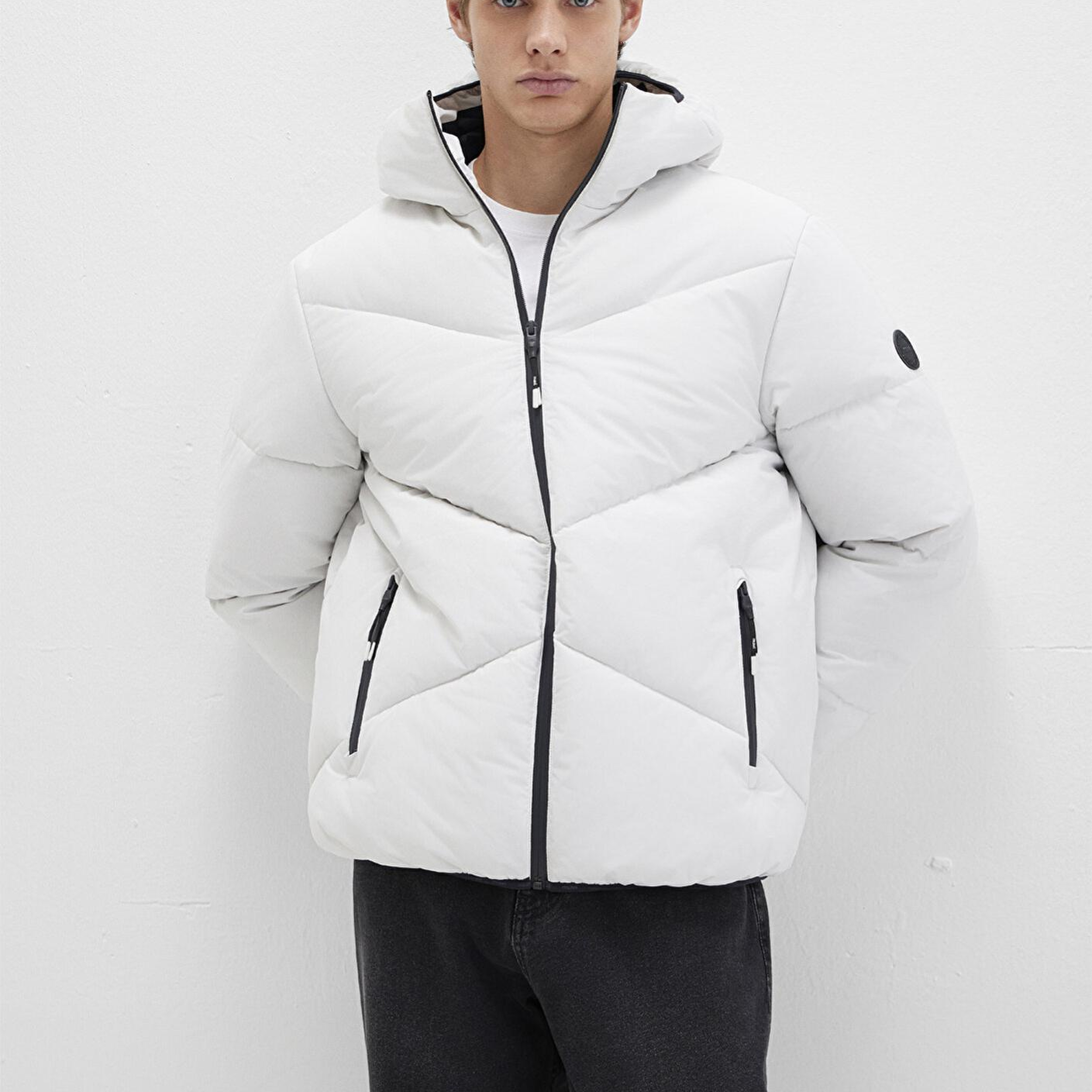 Mavi Kapüşonlu Gri Şişme Mont 0110360-83746