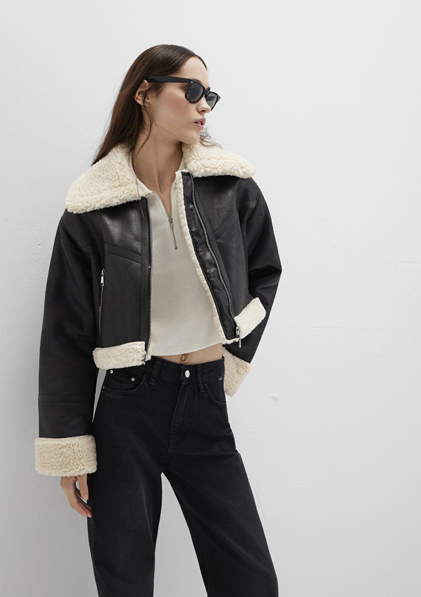 Mavi Suni Kürk Detaylı Siyah Suni Deri Ceket Regular Fit / Normal Kesim 1110462-900