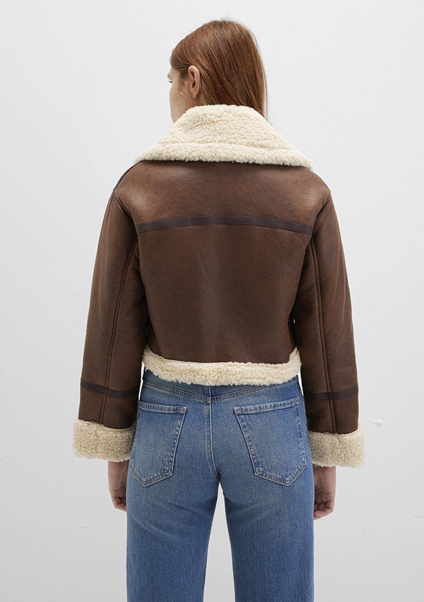 Mavi Suni Kürk Detaylı Kahverengi Suni Deri Ceket Regular Fit / Normal Kesim 1110462-87011
