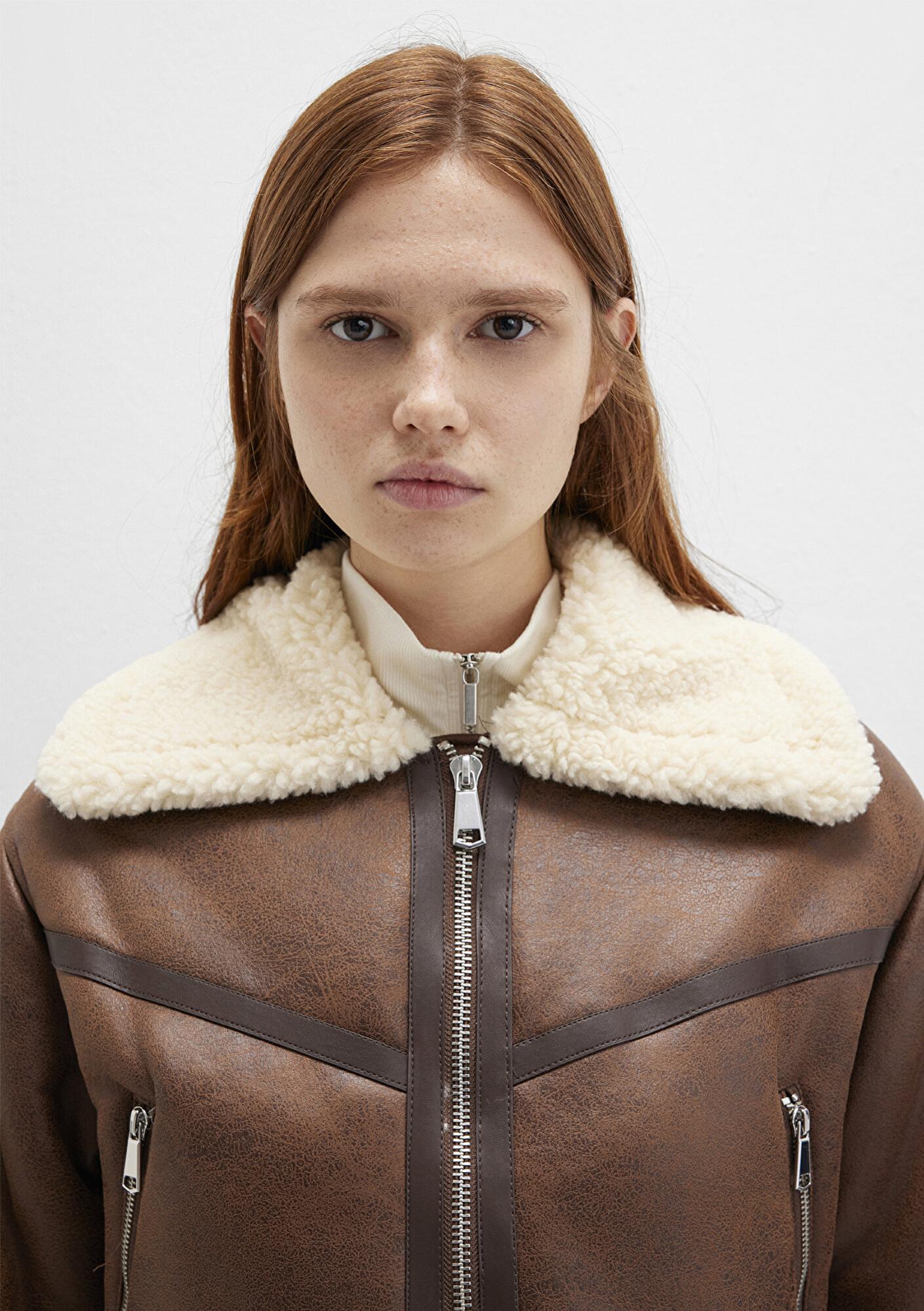 Mavi Suni Kürk Detaylı Kahverengi Suni Deri Ceket Regular Fit / Normal Kesim 1110462-87011