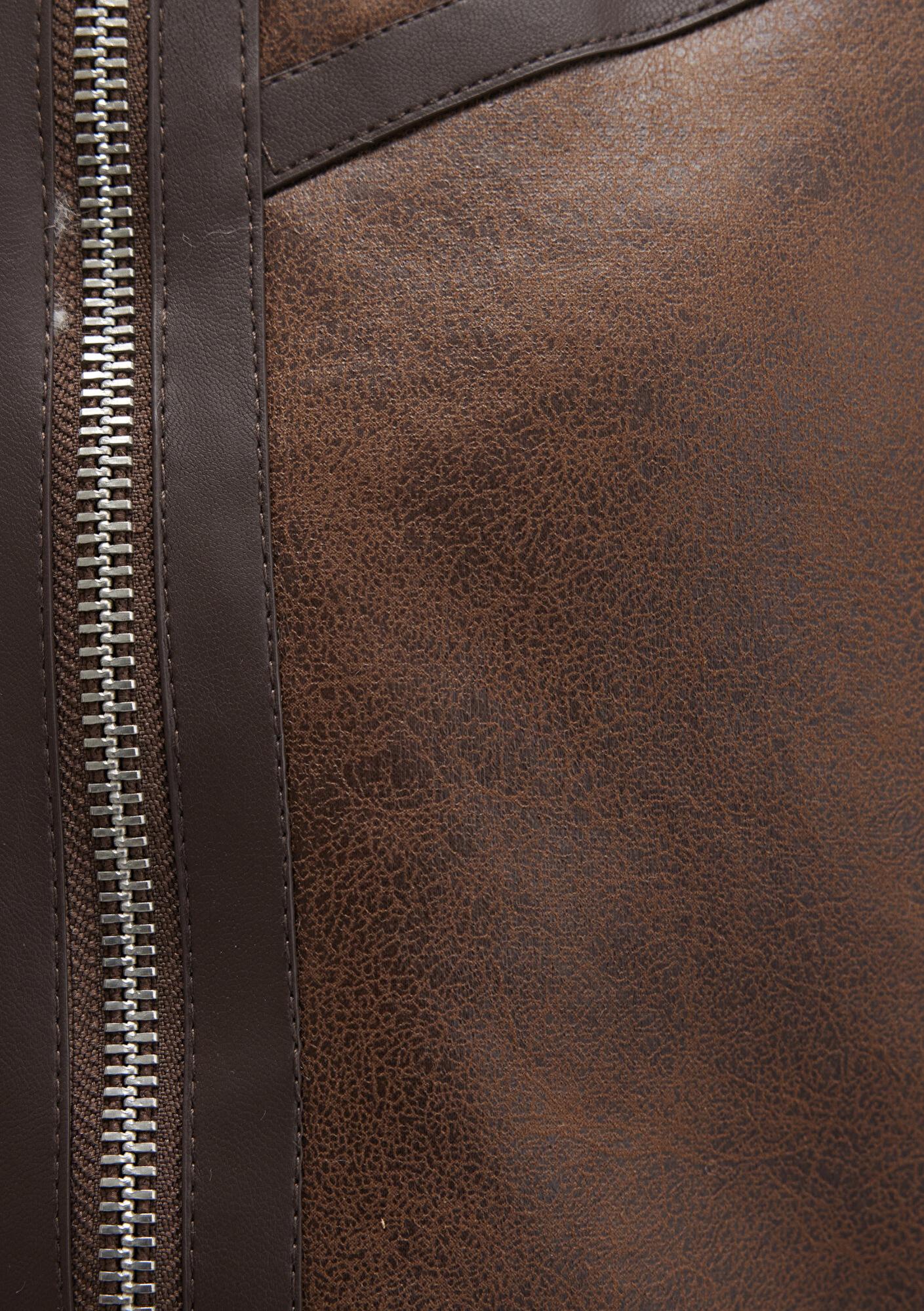 Mavi Suni Kürk Detaylı Kahverengi Suni Deri Ceket Regular Fit / Normal Kesim 1110462-87011