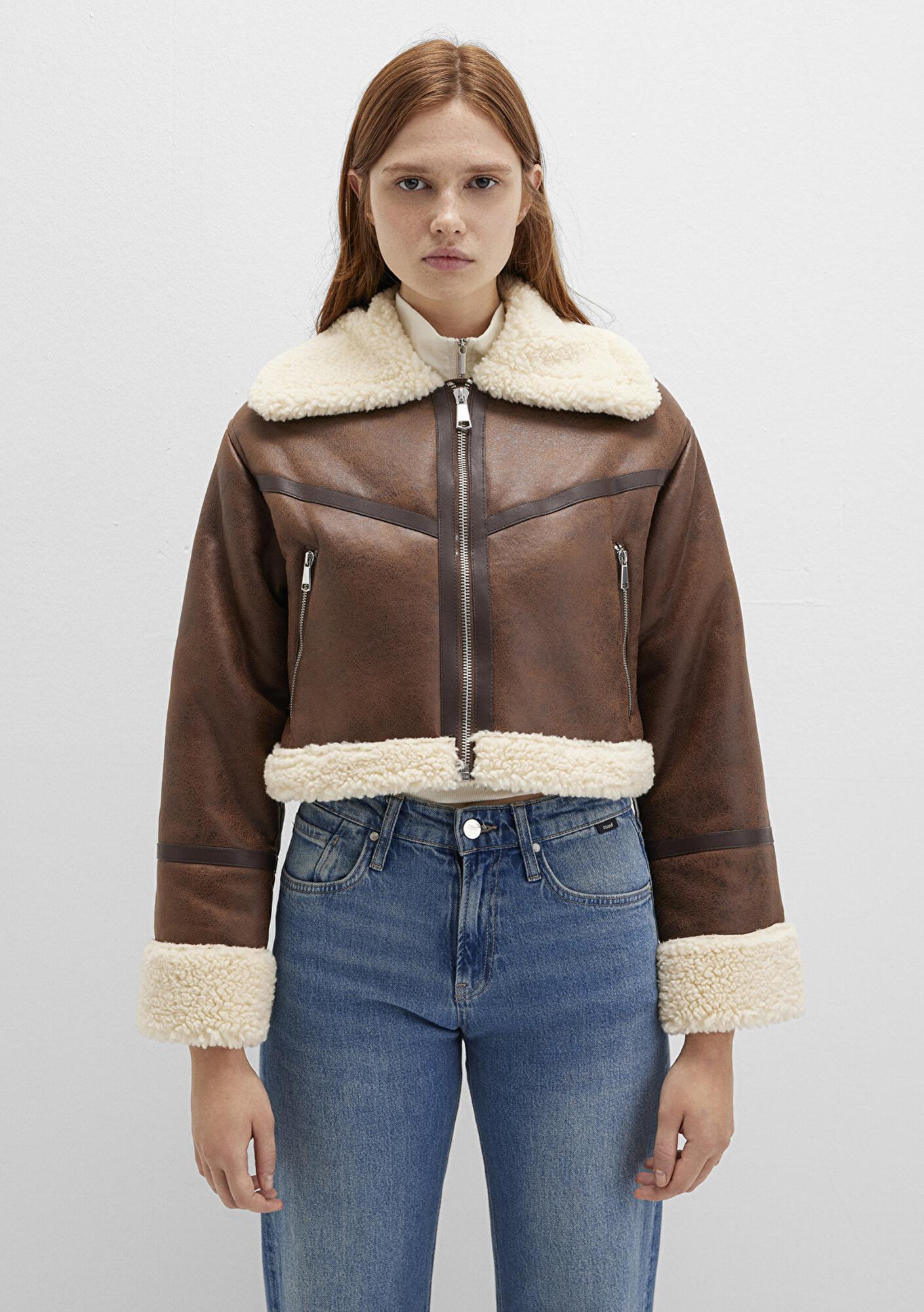 Mavi Suni Kürk Detaylı Kahverengi Suni Deri Ceket Regular Fit / Normal Kesim 1110462-87011