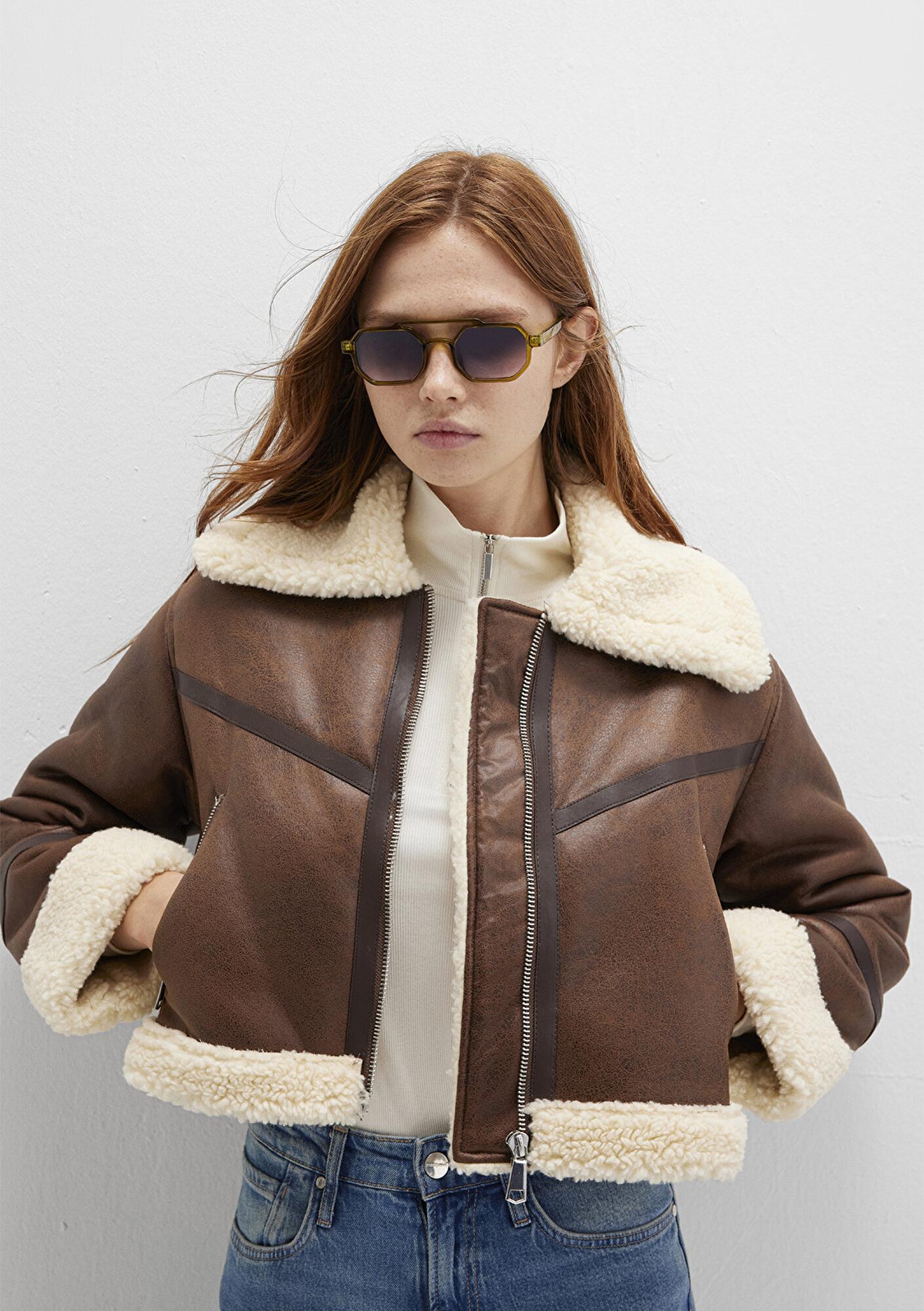 Mavi Suni Kürk Detaylı Kahverengi Suni Deri Ceket Regular Fit / Normal Kesim 1110462-87011