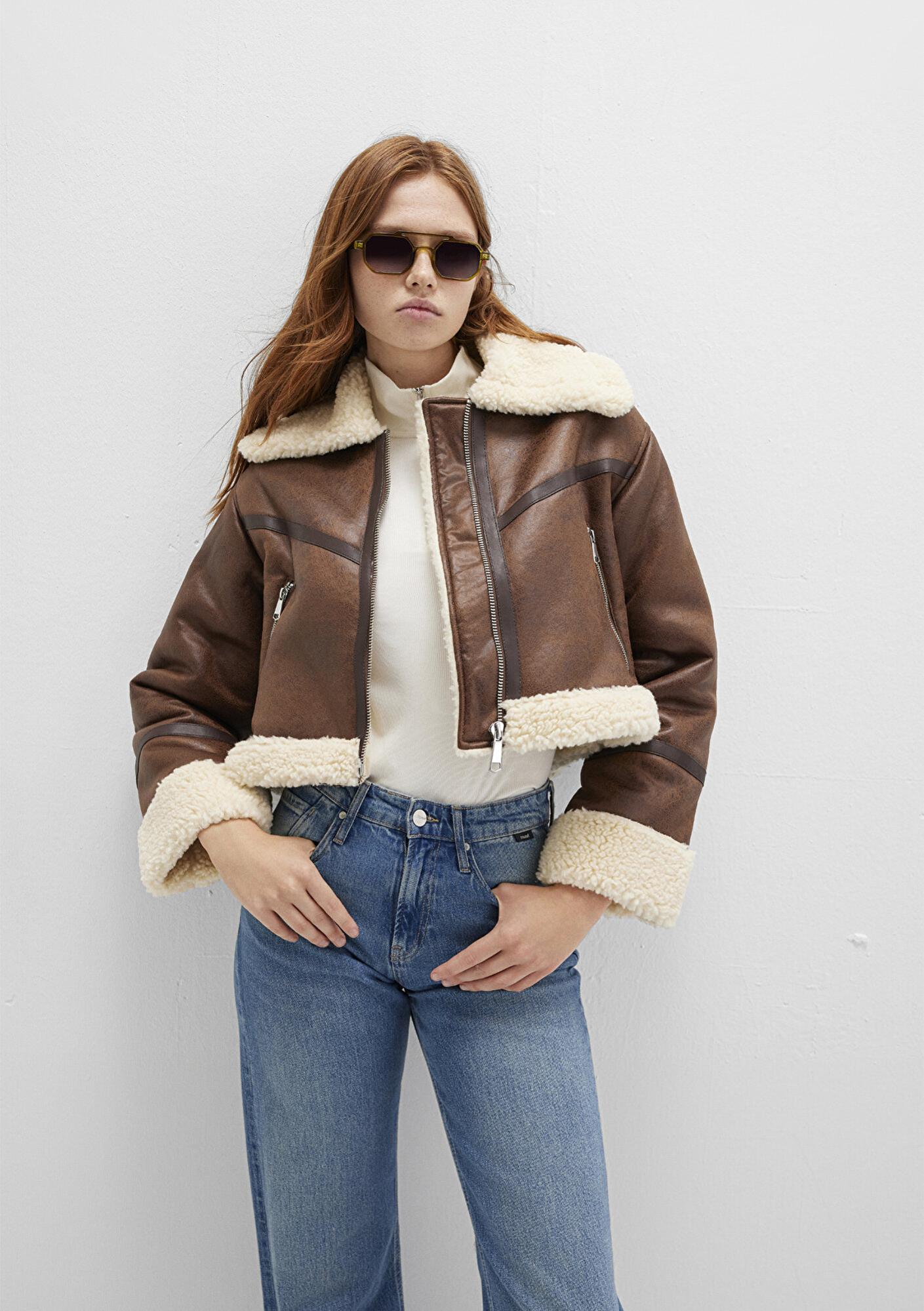 Mavi Suni Kürk Detaylı Kahverengi Suni Deri Ceket Regular Fit / Normal Kesim 1110462-87011