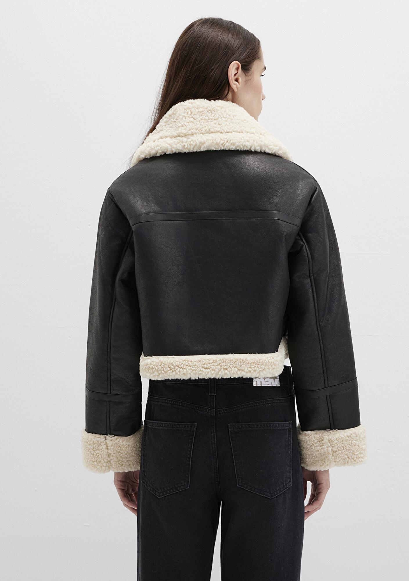 Mavi Suni Kürk Detaylı Siyah Suni Deri Ceket Regular Fit / Normal Kesim 1110462-900