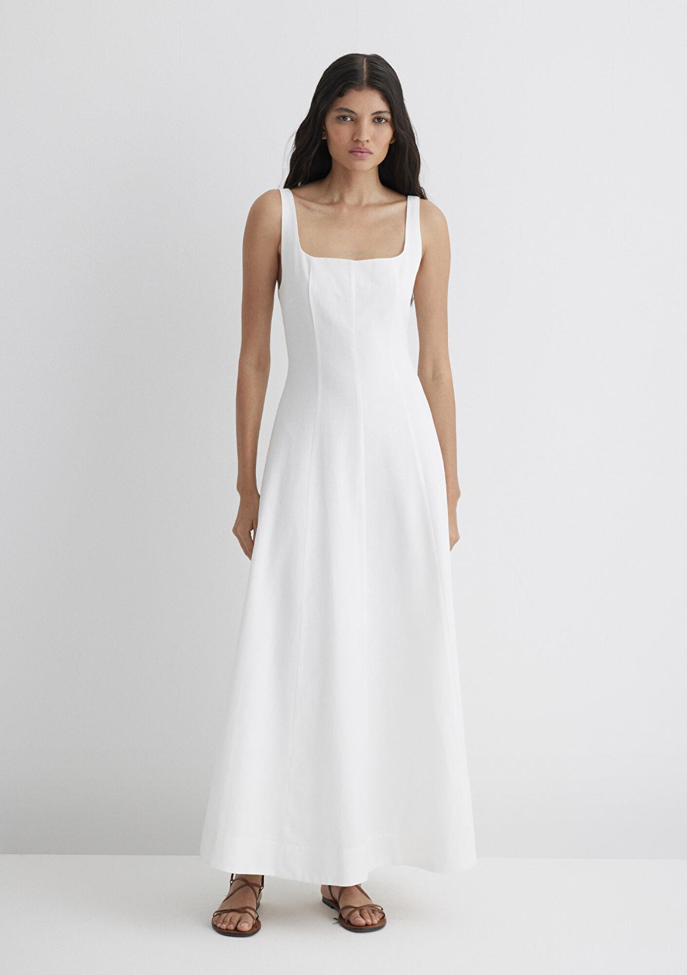 Mavi Askılı Beyaz Uzun Elbise 1310479-620