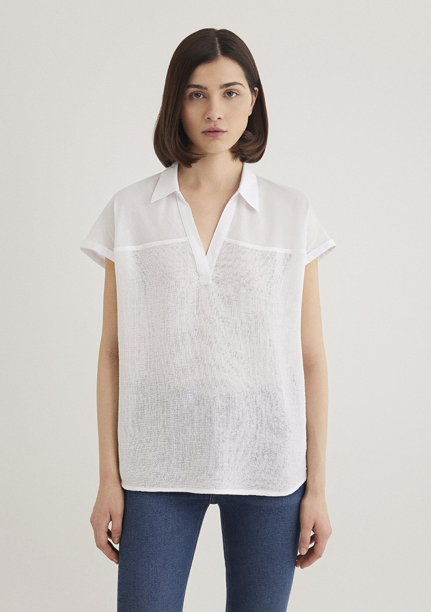 Mavi Kısa Kollu Beyaz Bluz 1210801-620