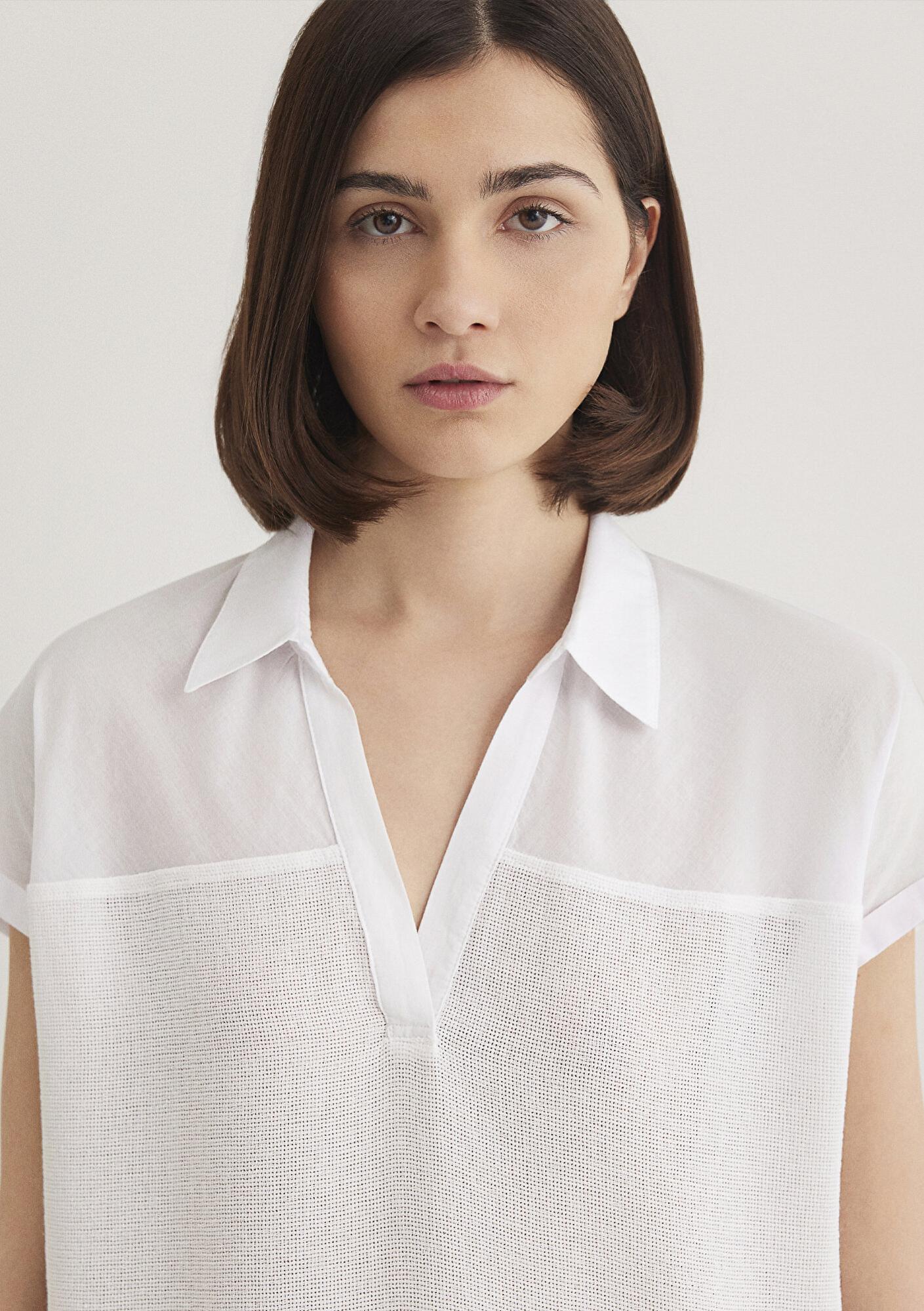 Mavi Kısa Kollu Beyaz Bluz 1210801-620