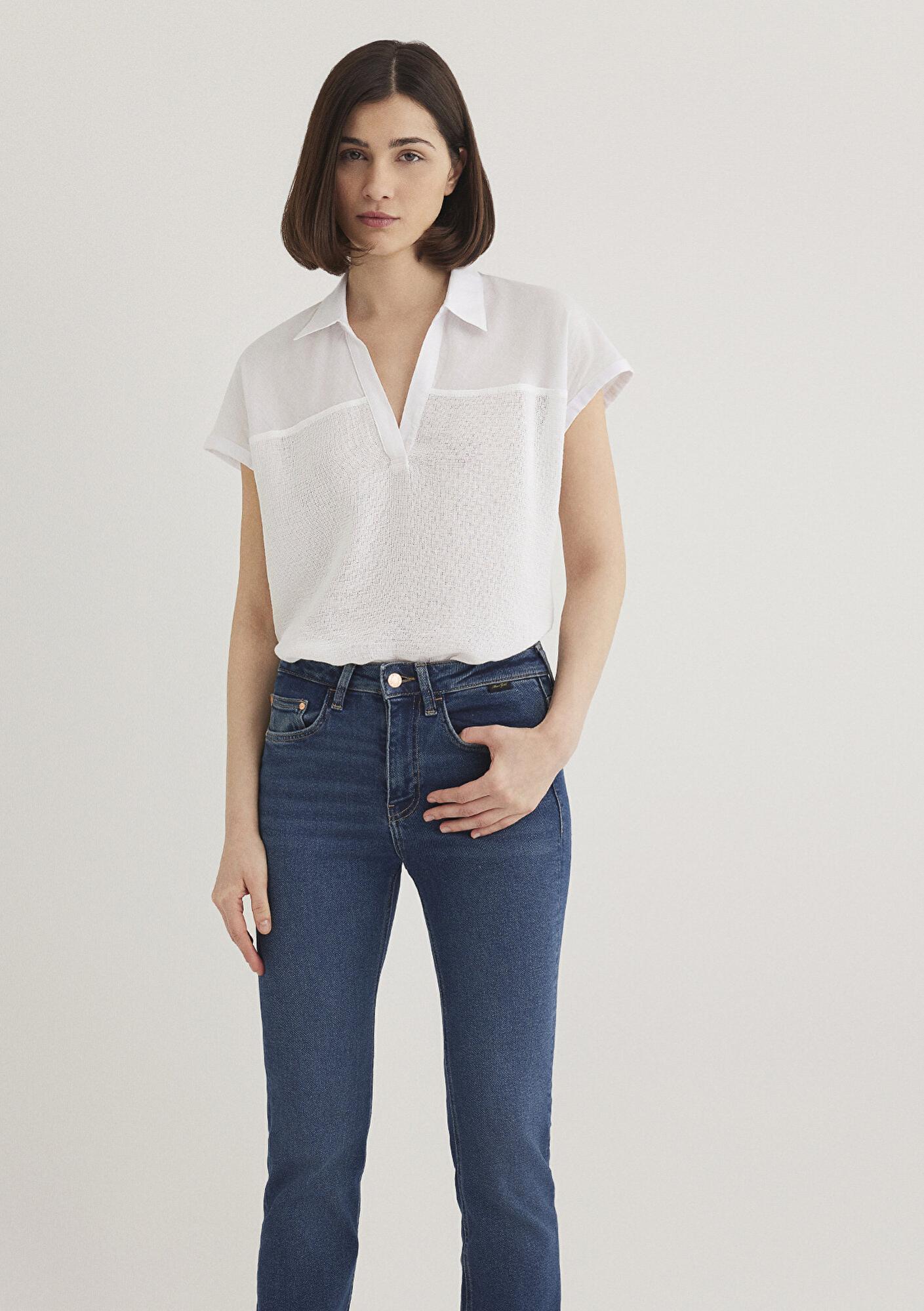 Mavi Kısa Kollu Beyaz Bluz 1210801-620