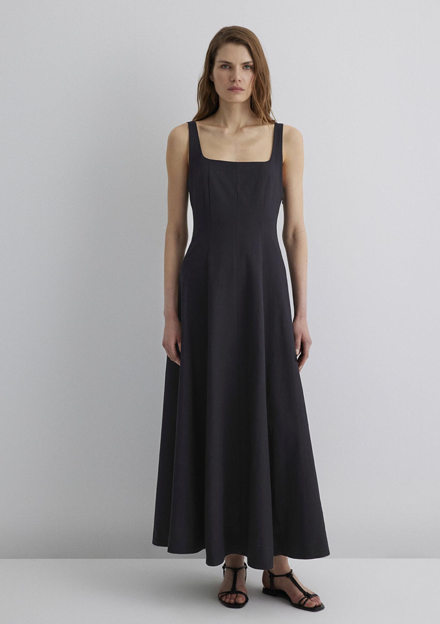 Mavi Askılı Siyah Uzun Elbise 1310479-900