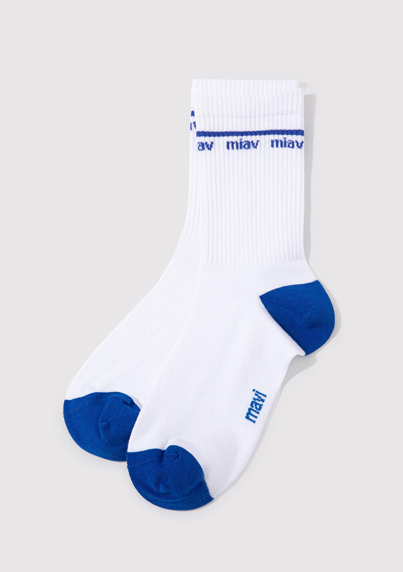 Mavi Miav Baskılı Beyaz Soket Çorap 1912600-620
