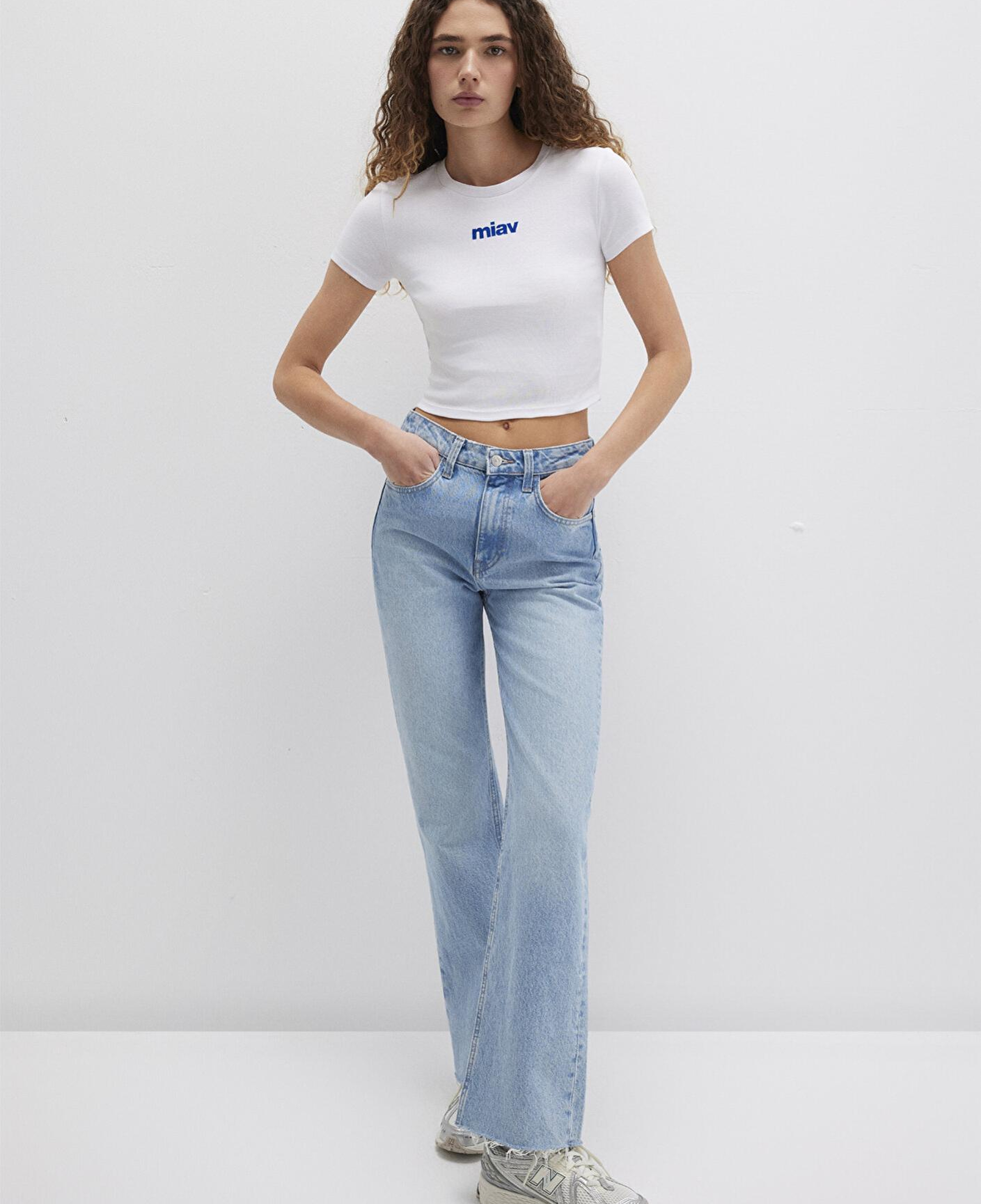 Mavi Miav Baskılı Beyaz Crop Tişört Crop / Kısa Kesim 1612453-620