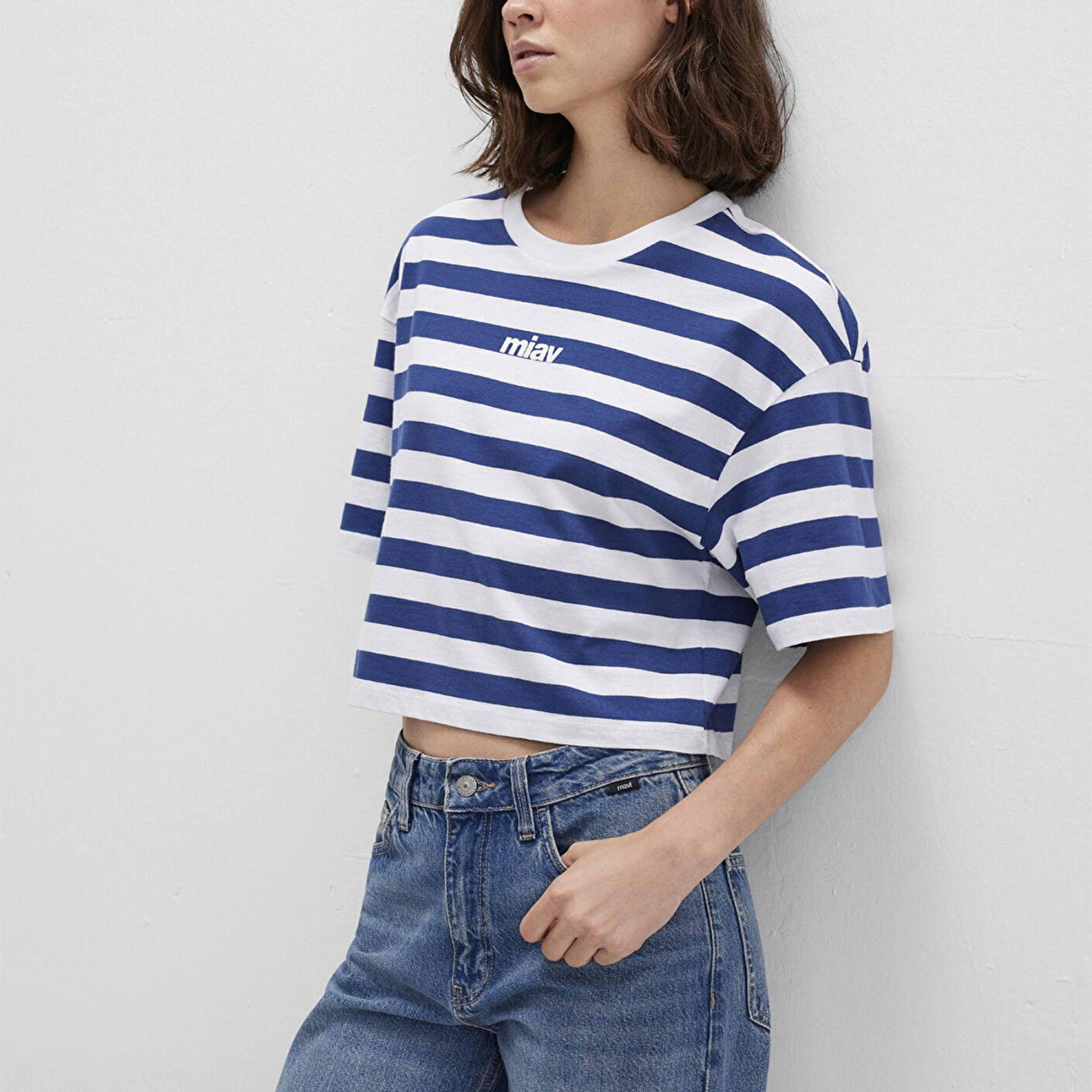 Mavi Miav Baskılı Çizgili Crop Tişört Crop / Kısa Kesim 1612456-87201