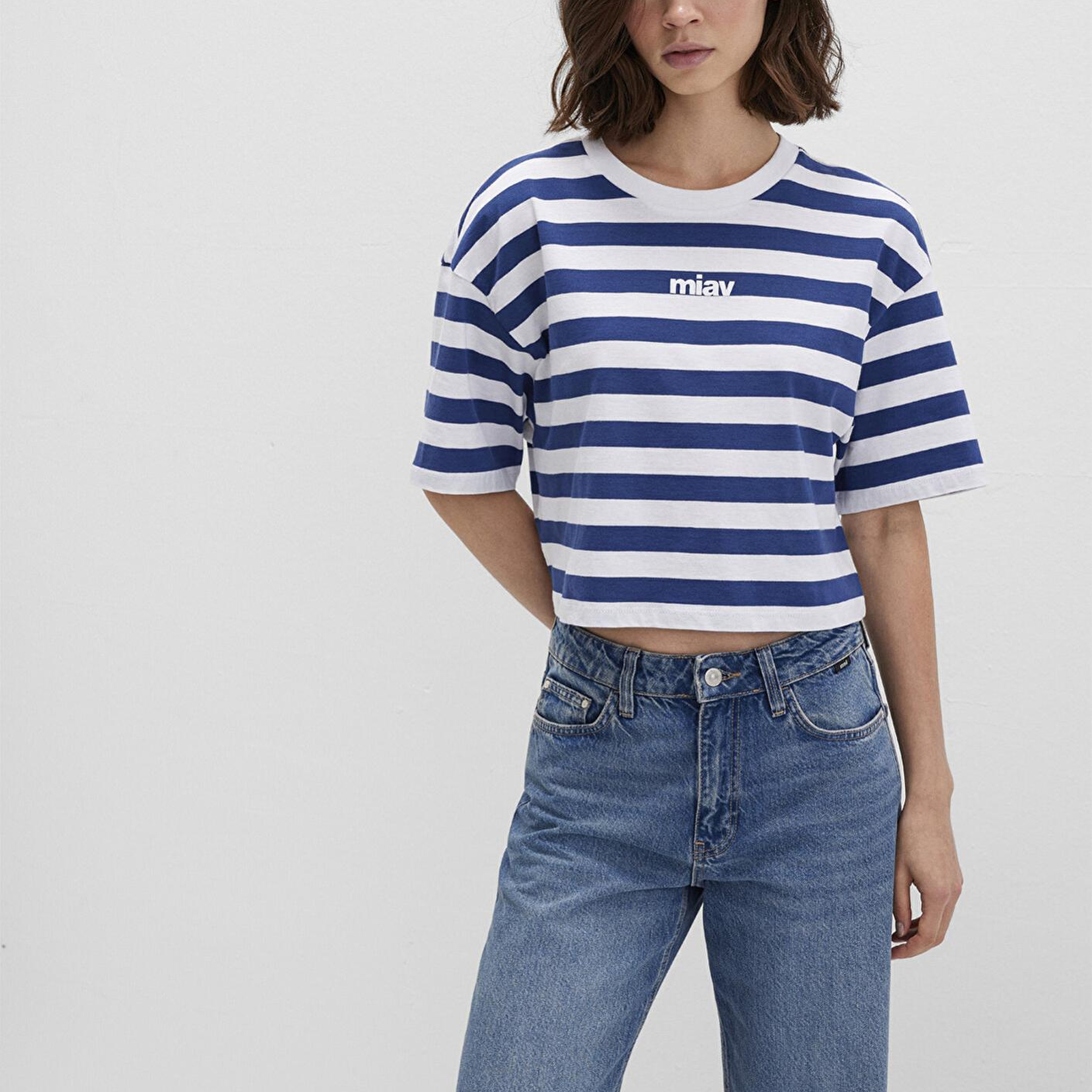 Mavi Miav Baskılı Çizgili Crop Tişört Crop / Kısa Kesim 1612456-87201