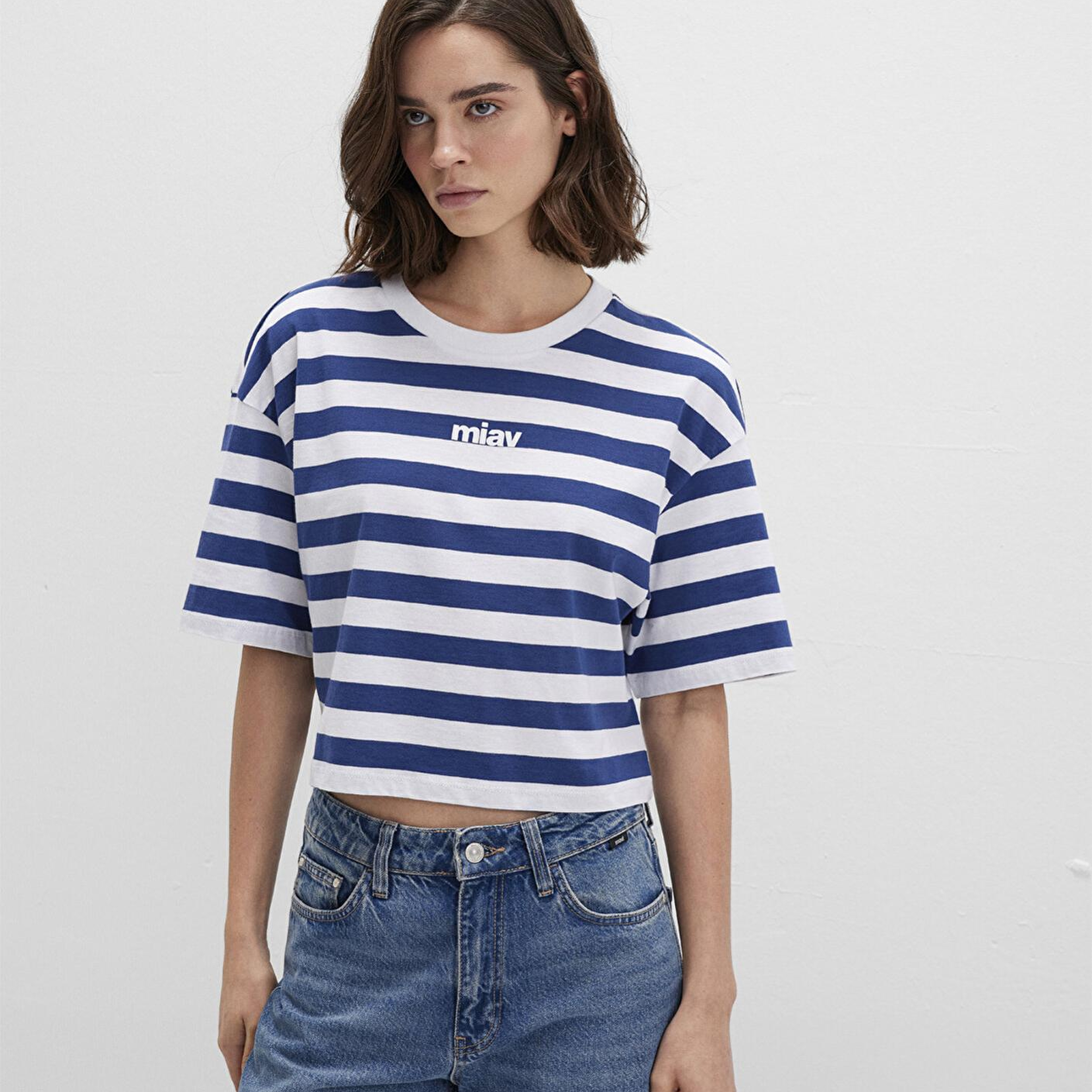 Mavi Miav Baskılı Çizgili Crop Tişört Crop / Kısa Kesim 1612456-87201