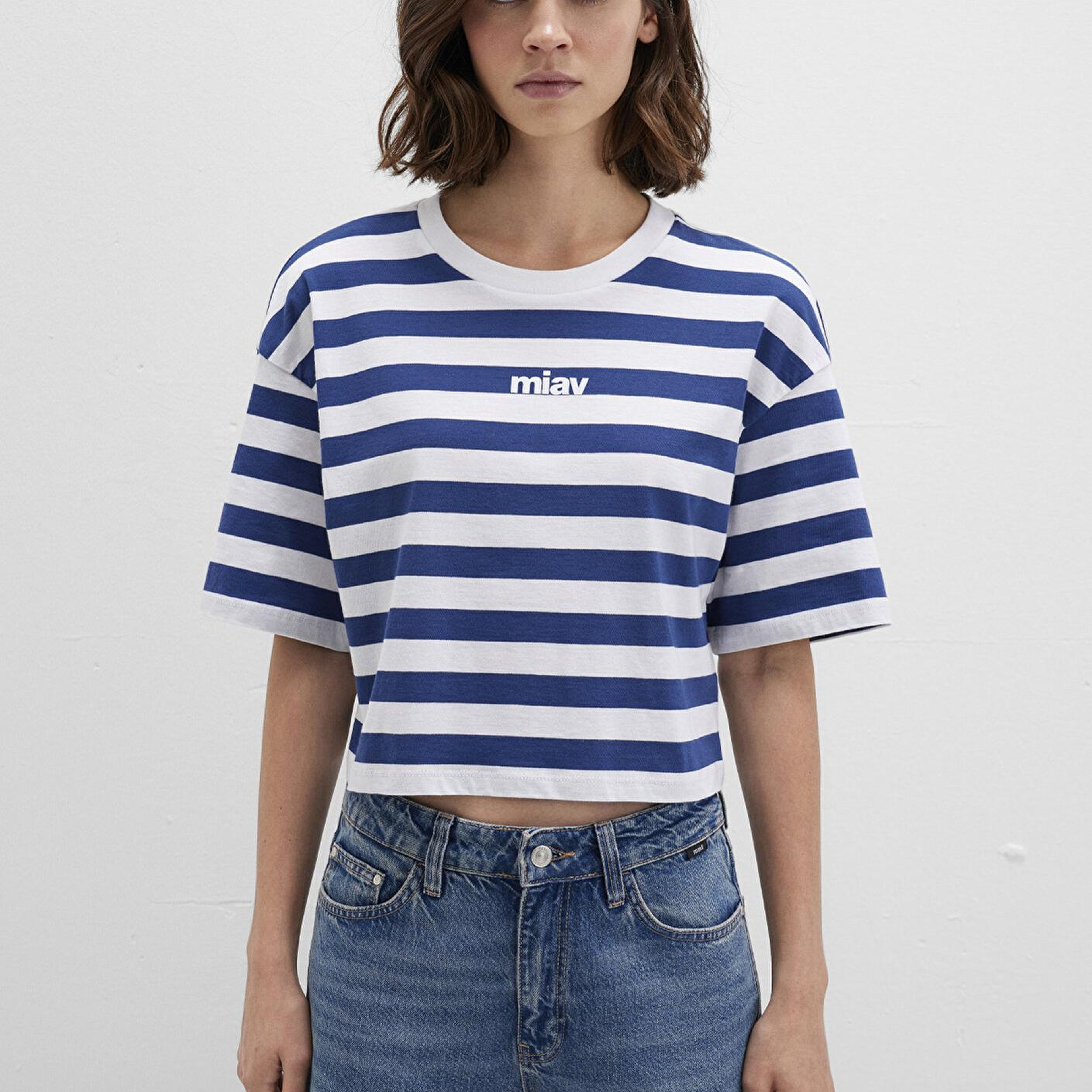 Mavi Miav Baskılı Çizgili Crop Tişört Crop / Kısa Kesim 1612456-87201