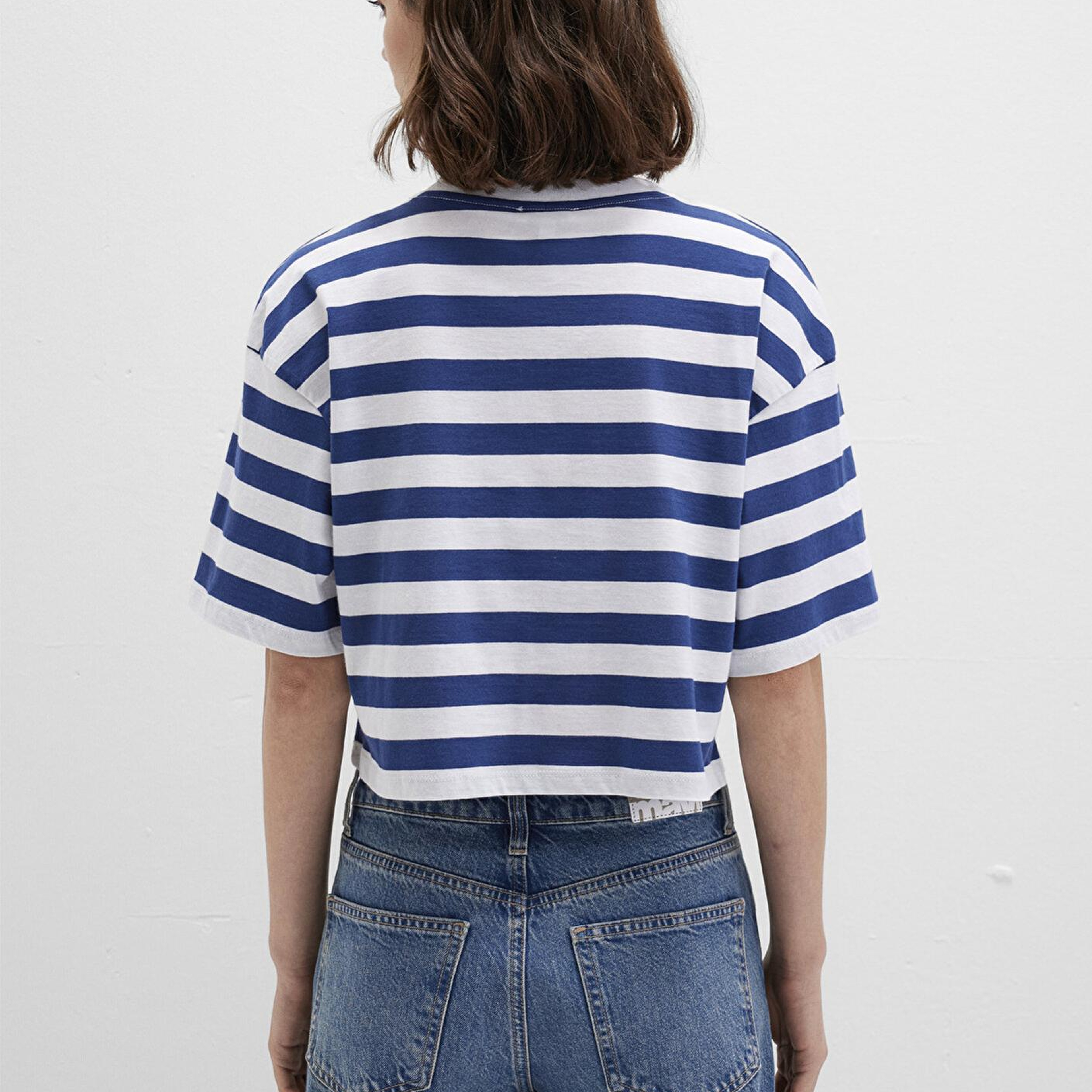 Mavi Miav Baskılı Çizgili Crop Tişört Crop / Kısa Kesim 1612456-87201