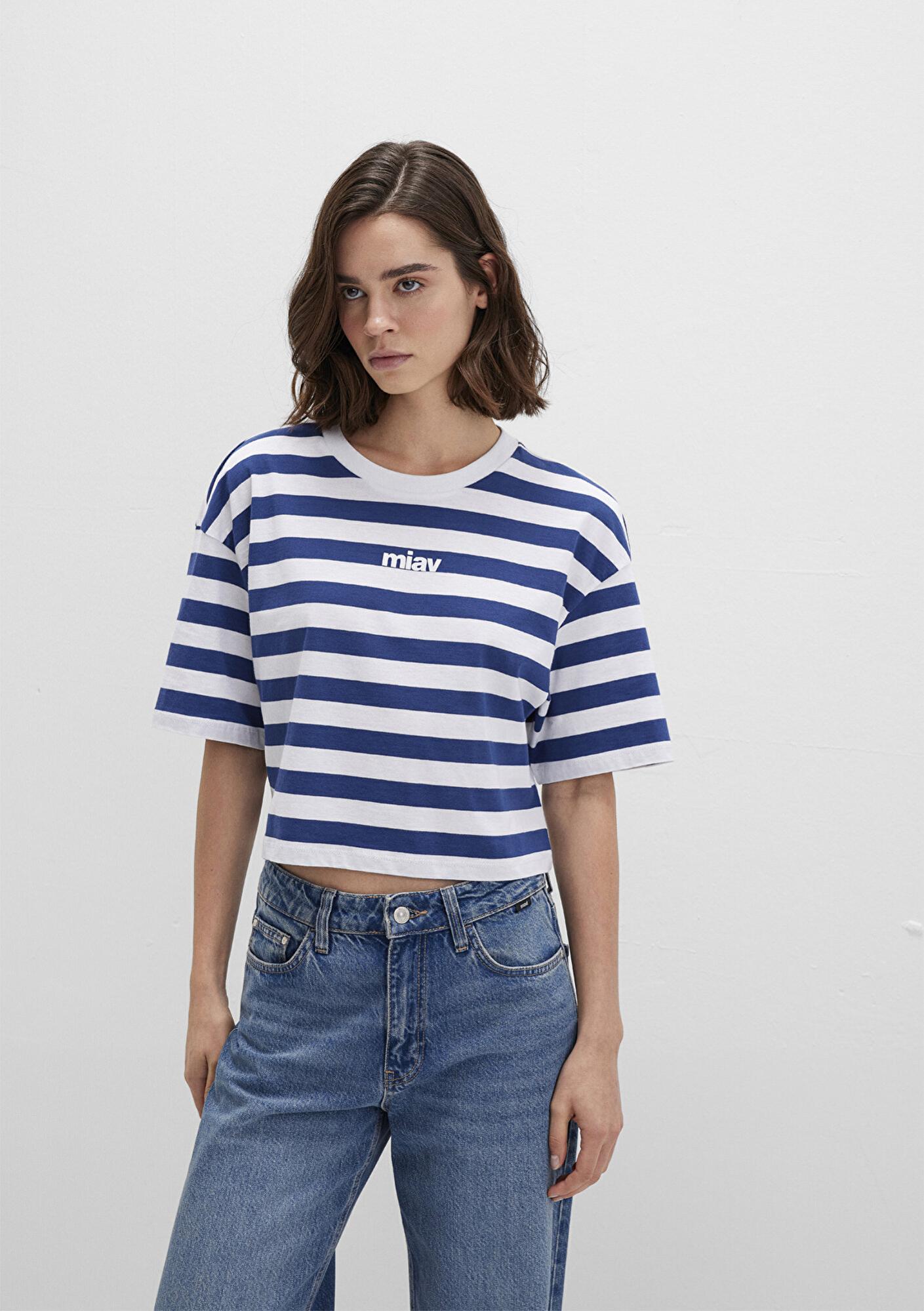 Mavi Miav Baskılı Çizgili Crop Tişört Crop / Kısa Kesim 1612456-87201