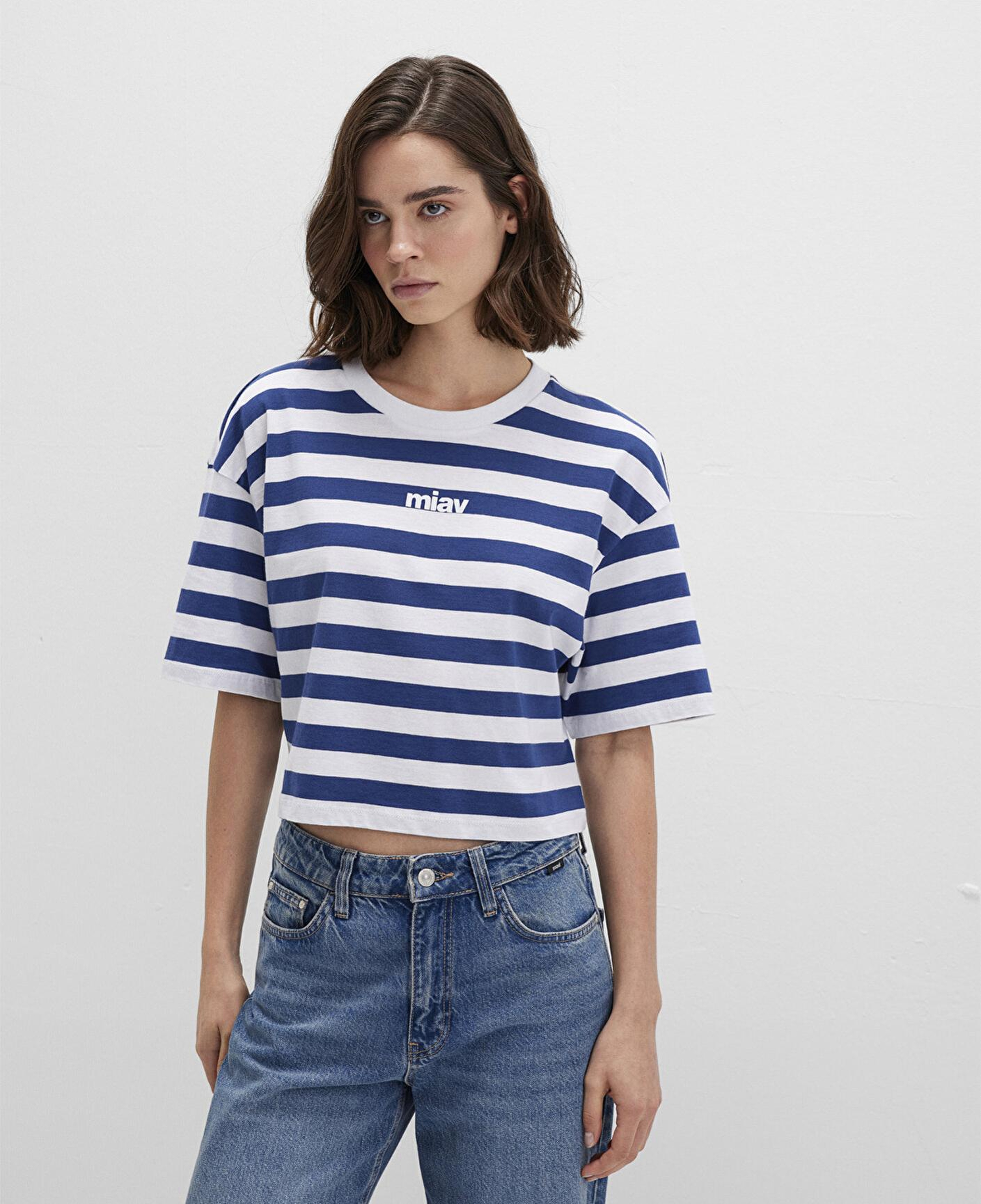 Mavi Miav Baskılı Çizgili Crop Tişört Crop / Kısa Kesim 1612456-87201