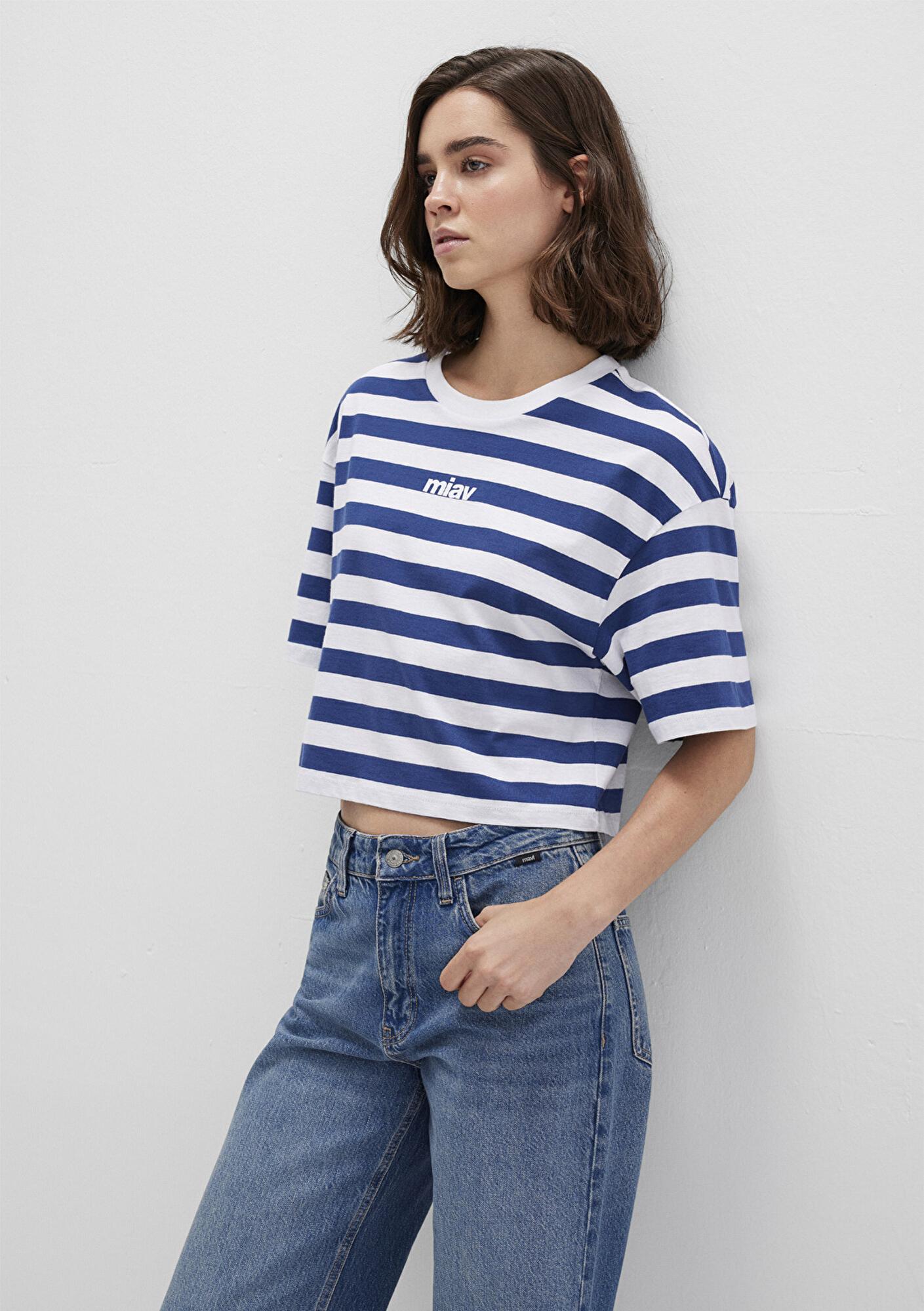 Mavi Miav Baskılı Çizgili Crop Tişört Crop / Kısa Kesim 1612456-87201