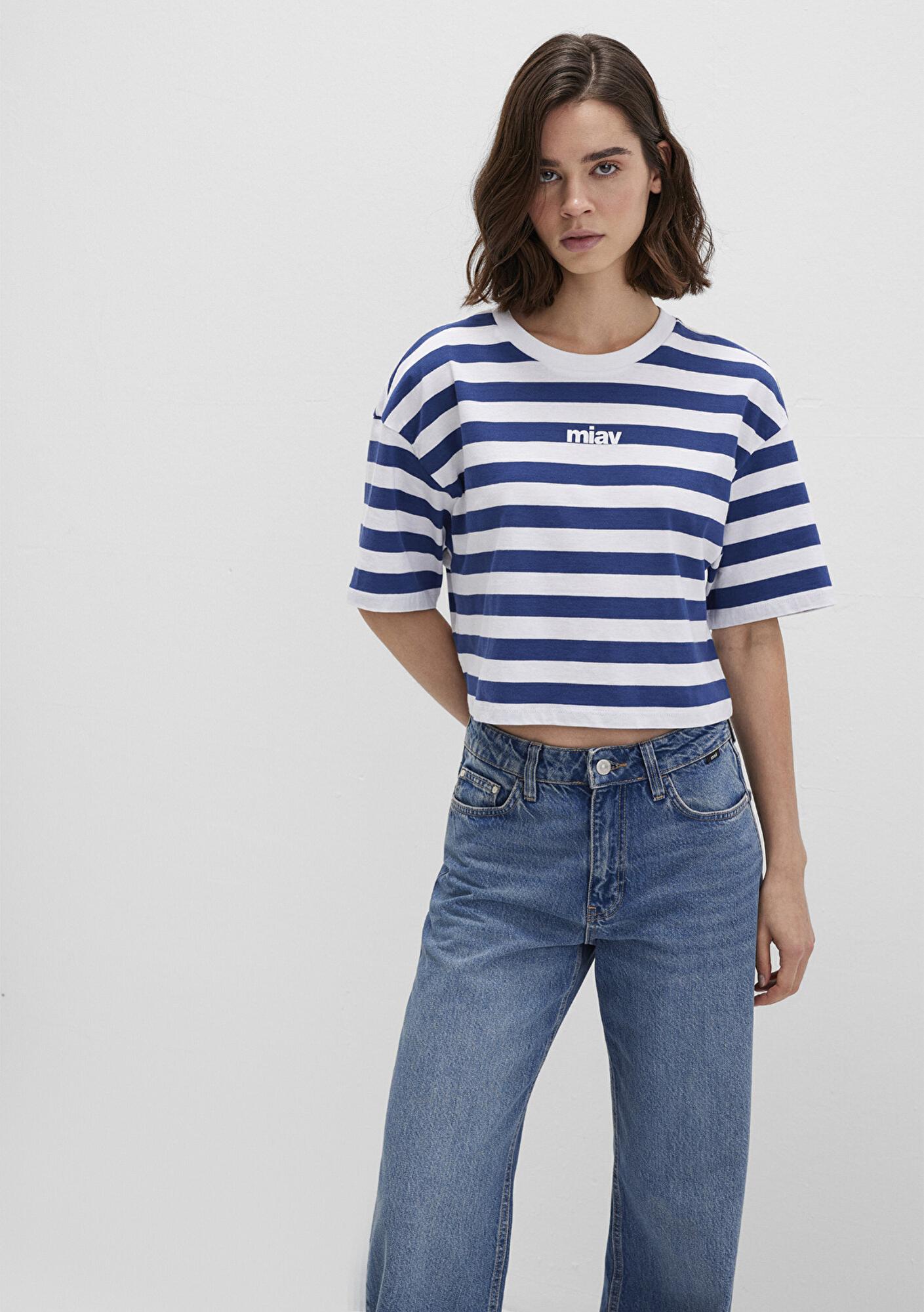 Mavi Miav Baskılı Çizgili Crop Tişört Crop / Kısa Kesim 1612456-87201