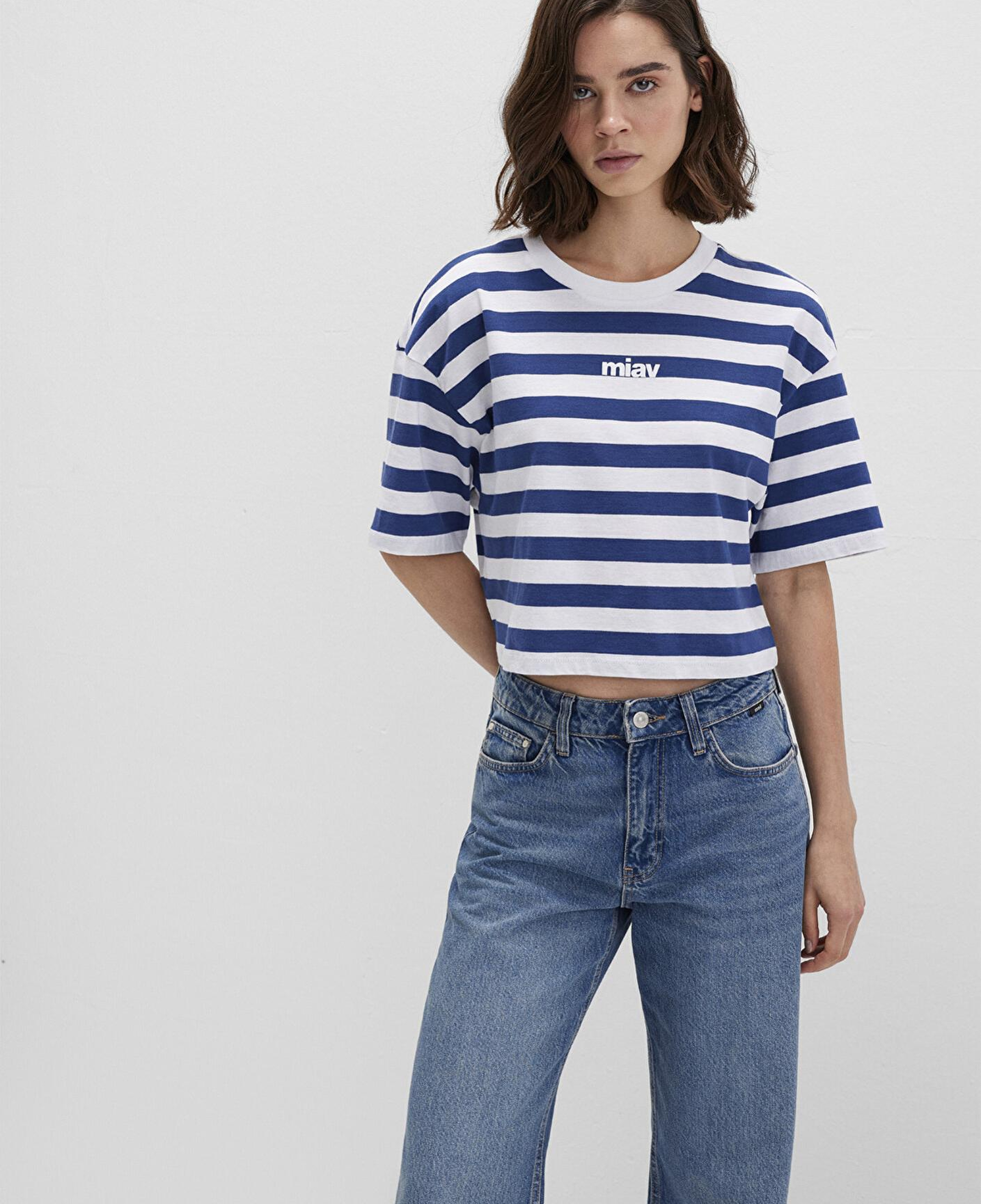 Mavi Miav Baskılı Çizgili Crop Tişört Crop / Kısa Kesim 1612456-87201