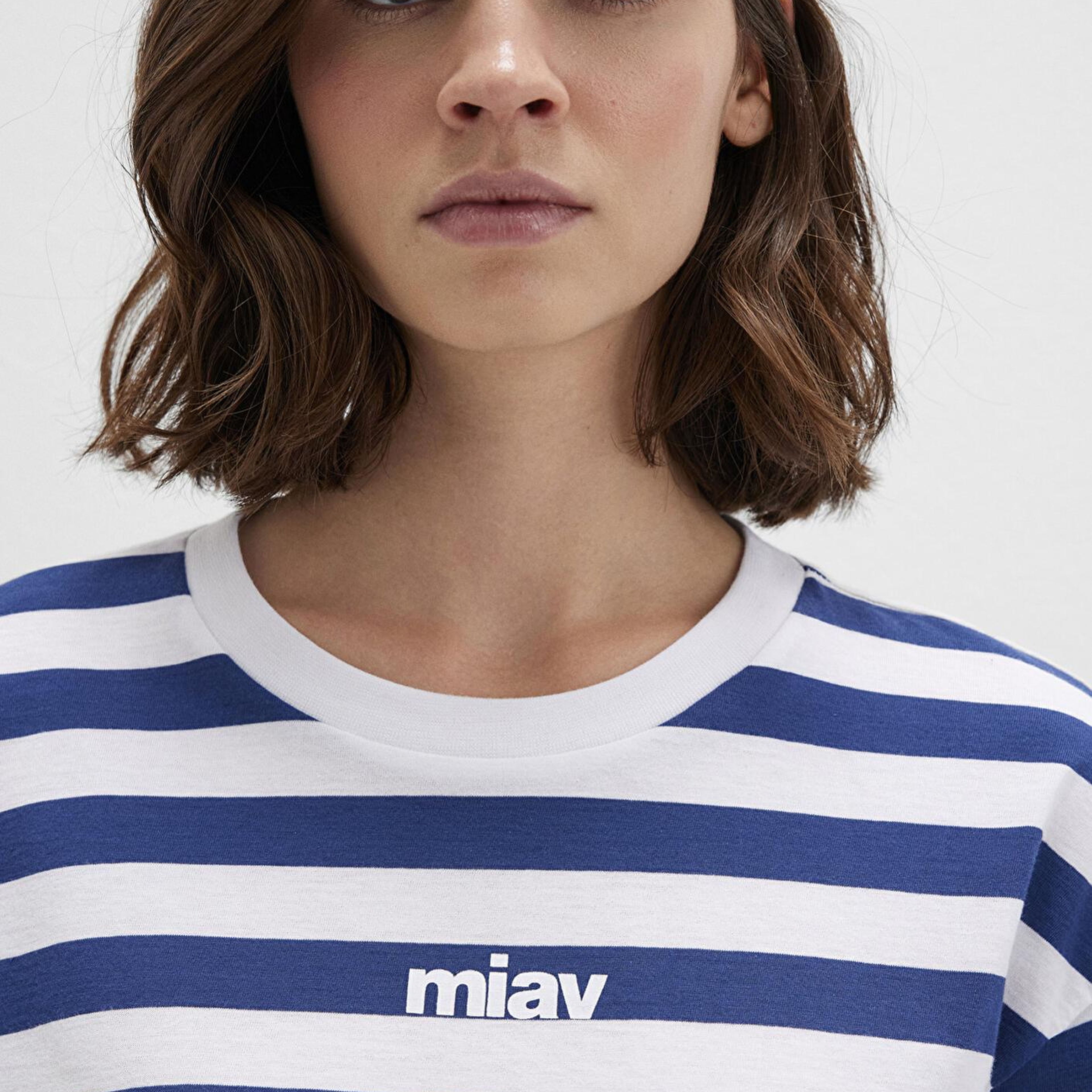 Mavi Miav Baskılı Çizgili Crop Tişört Crop / Kısa Kesim 1612456-87201