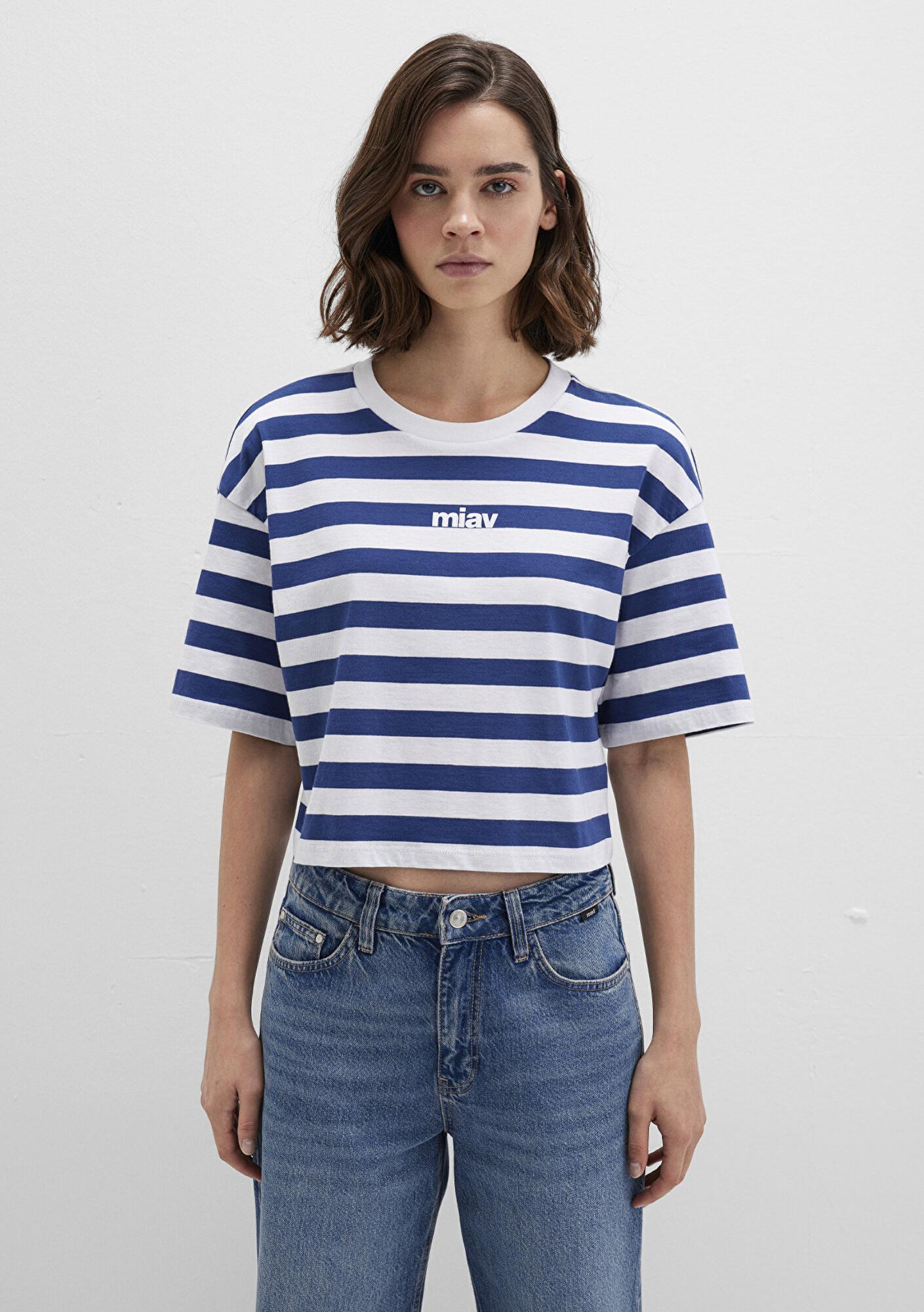 Mavi Miav Baskılı Çizgili Crop Tişört Crop / Kısa Kesim 1612456-87201