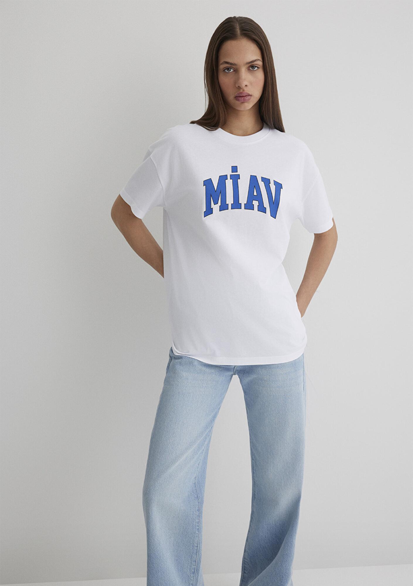 Mavi Miav Baskılı Beyaz Tişört Loose Fit / Bol Rahat Kesim 1612457-620