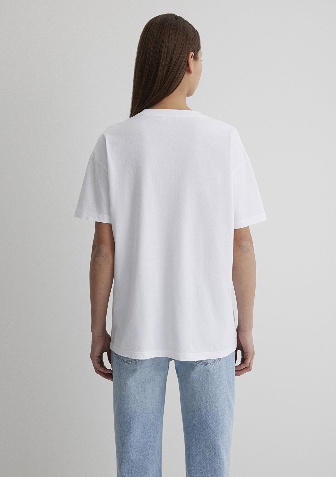 Mavi Miav Baskılı Beyaz Tişört Loose Fit / Bol Rahat Kesim 1612457-620