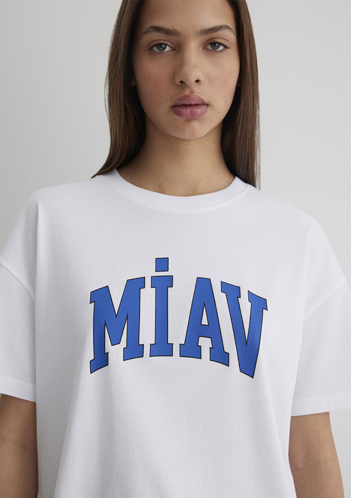 Mavi Miav Baskılı Beyaz Tişört Loose Fit / Bol Rahat Kesim 1612457-620