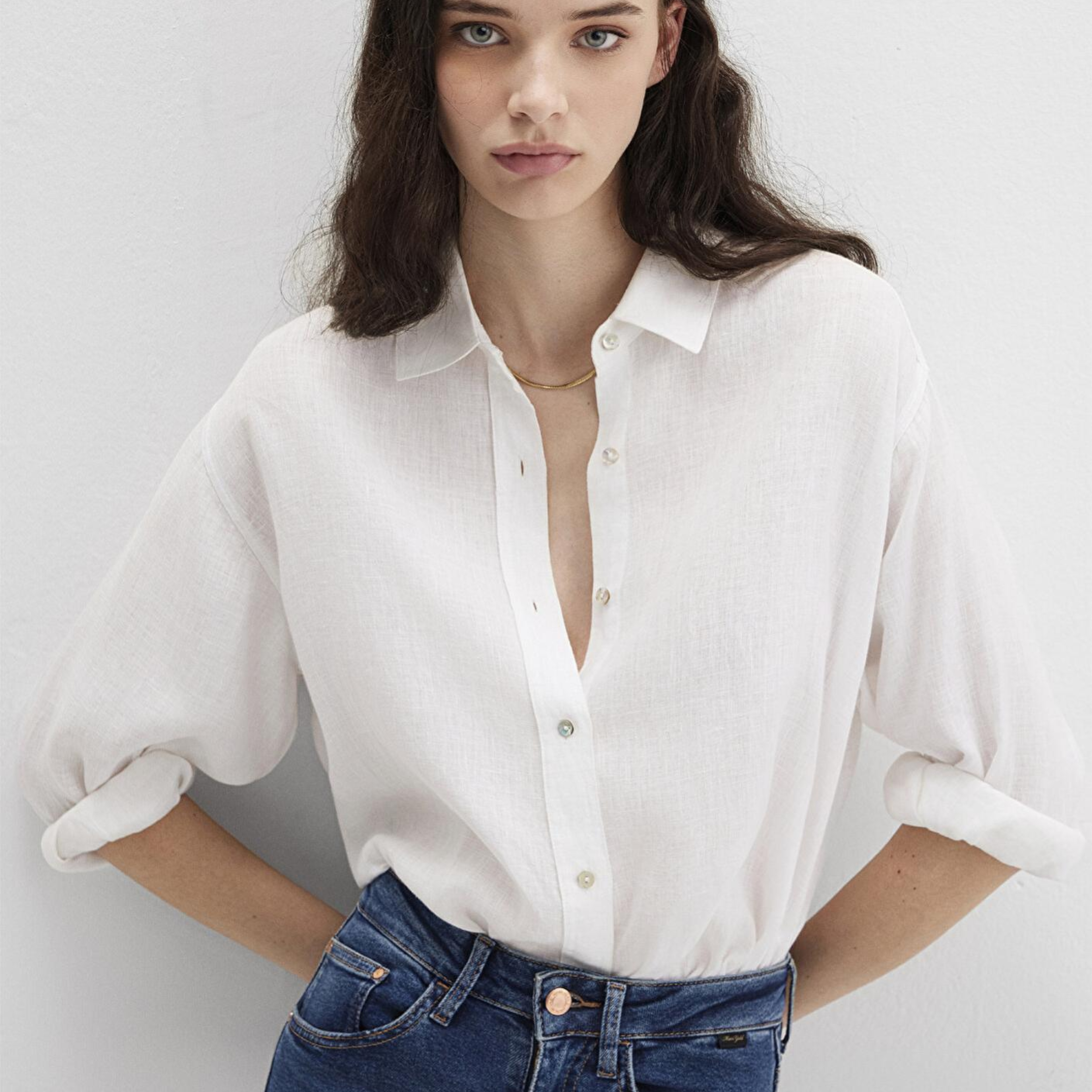 Mavi Beyaz Keten Gömlek Loose Fit / Bol Rahat Kesim 1210747-620