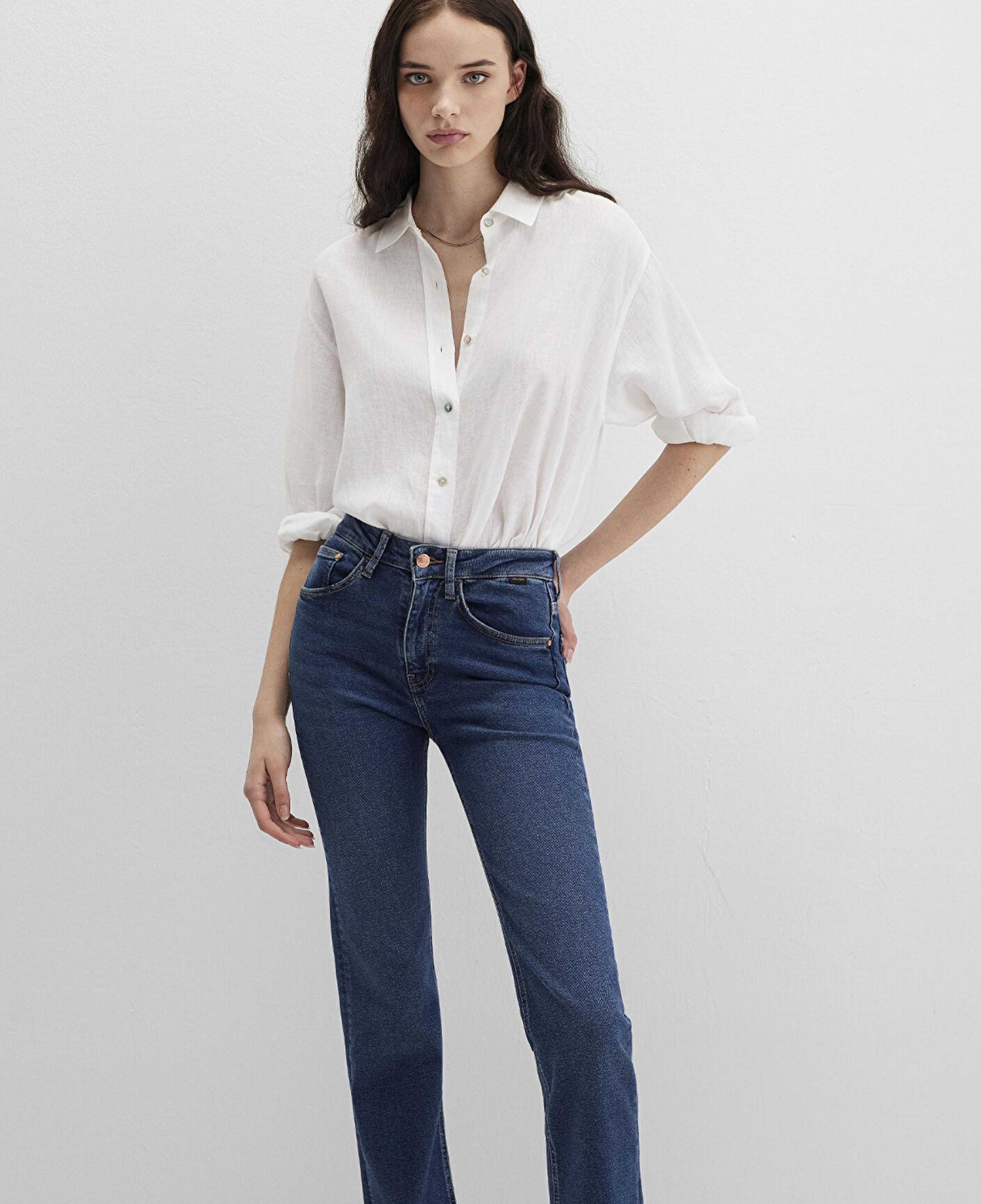 Mavi Beyaz Keten Gömlek Loose Fit / Bol Rahat Kesim 1210747-620