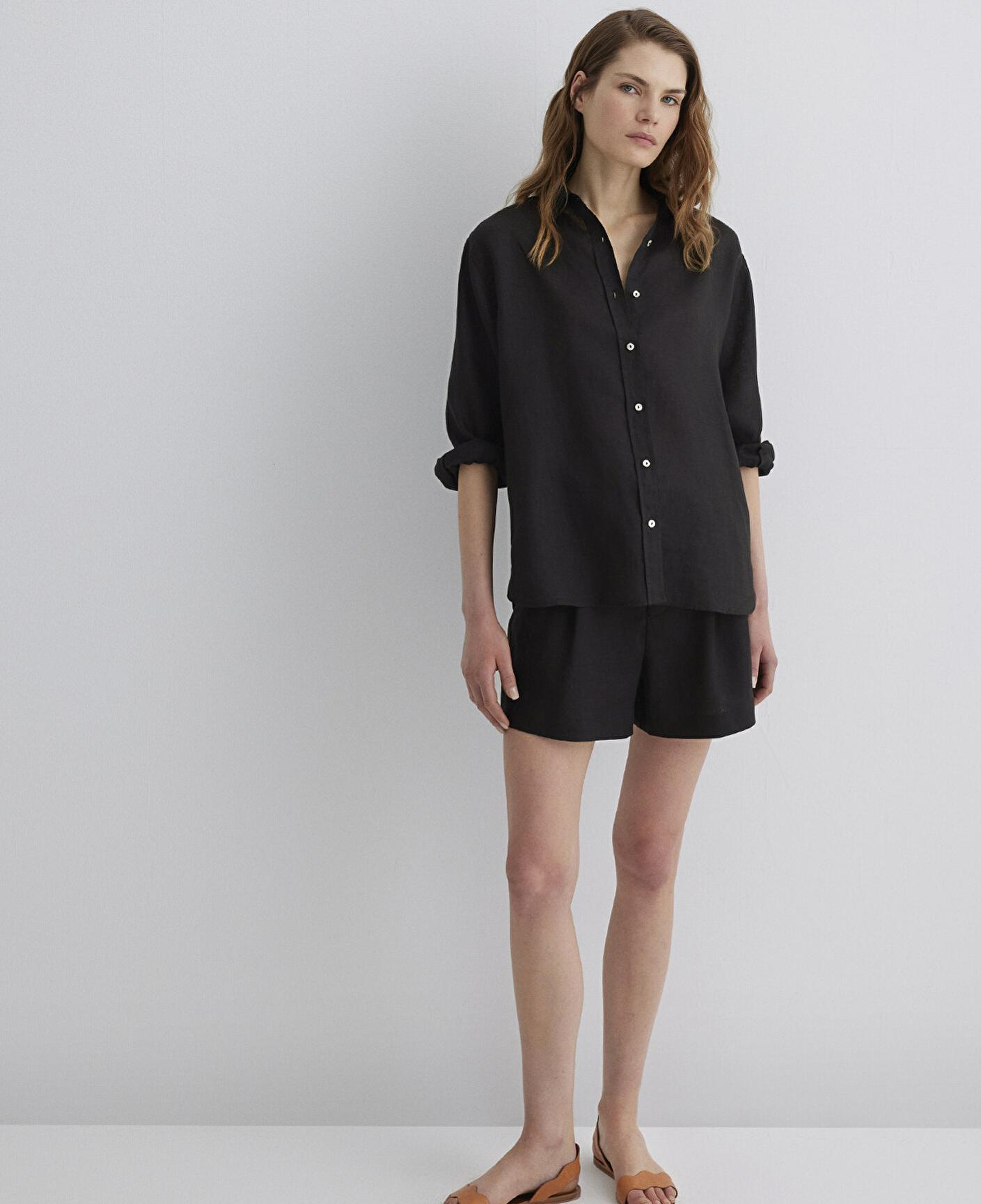 Mavi Siyah Keten Gömlek Loose Fit / Bol Rahat Kesim 1210747-900