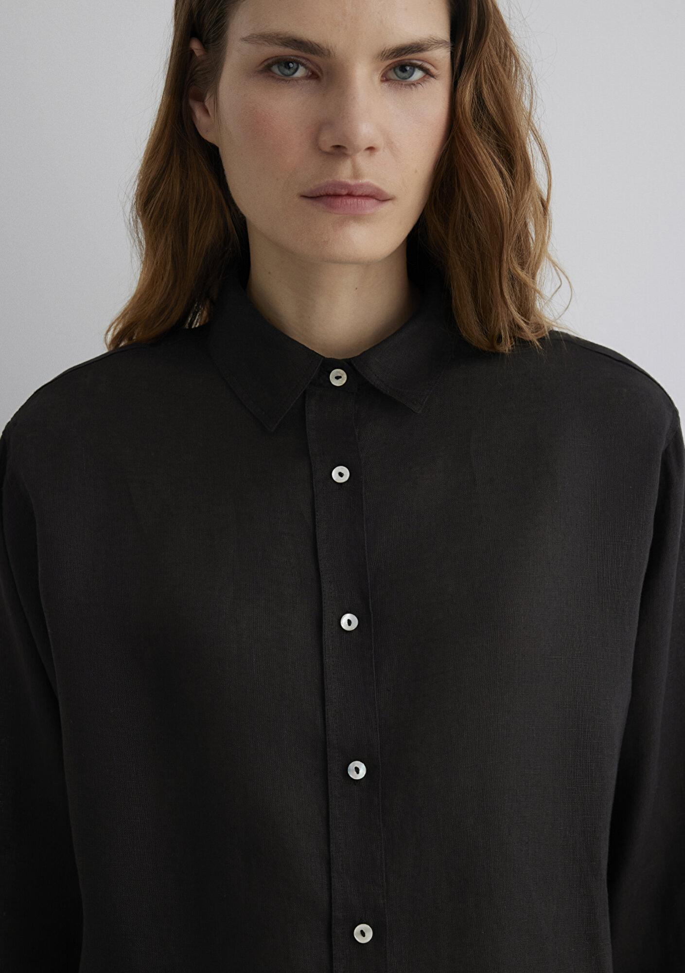 Mavi Siyah Keten Gömlek Loose Fit / Bol Rahat Kesim 1210747-900