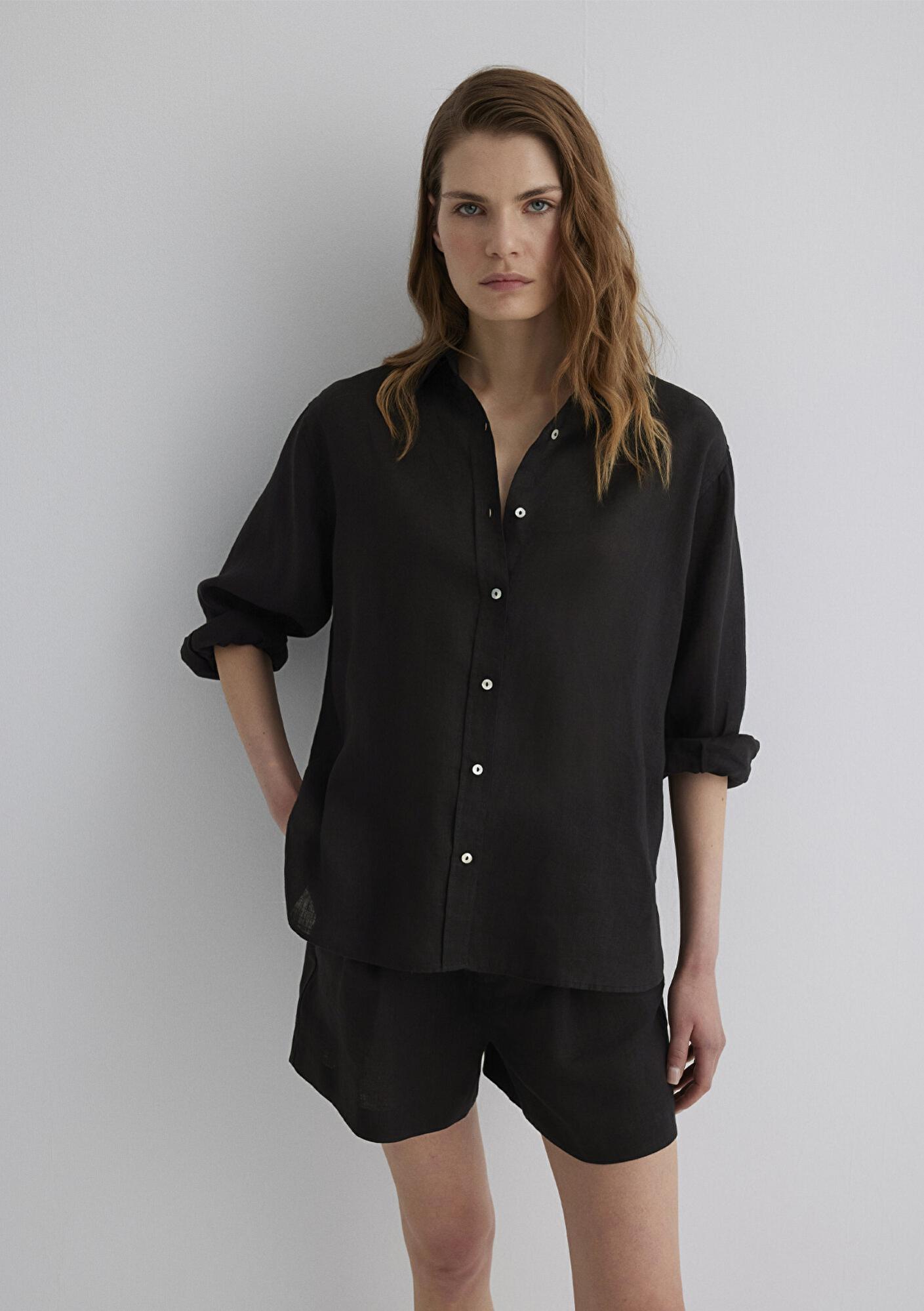 Mavi Siyah Keten Gömlek Loose Fit / Bol Rahat Kesim 1210747-900