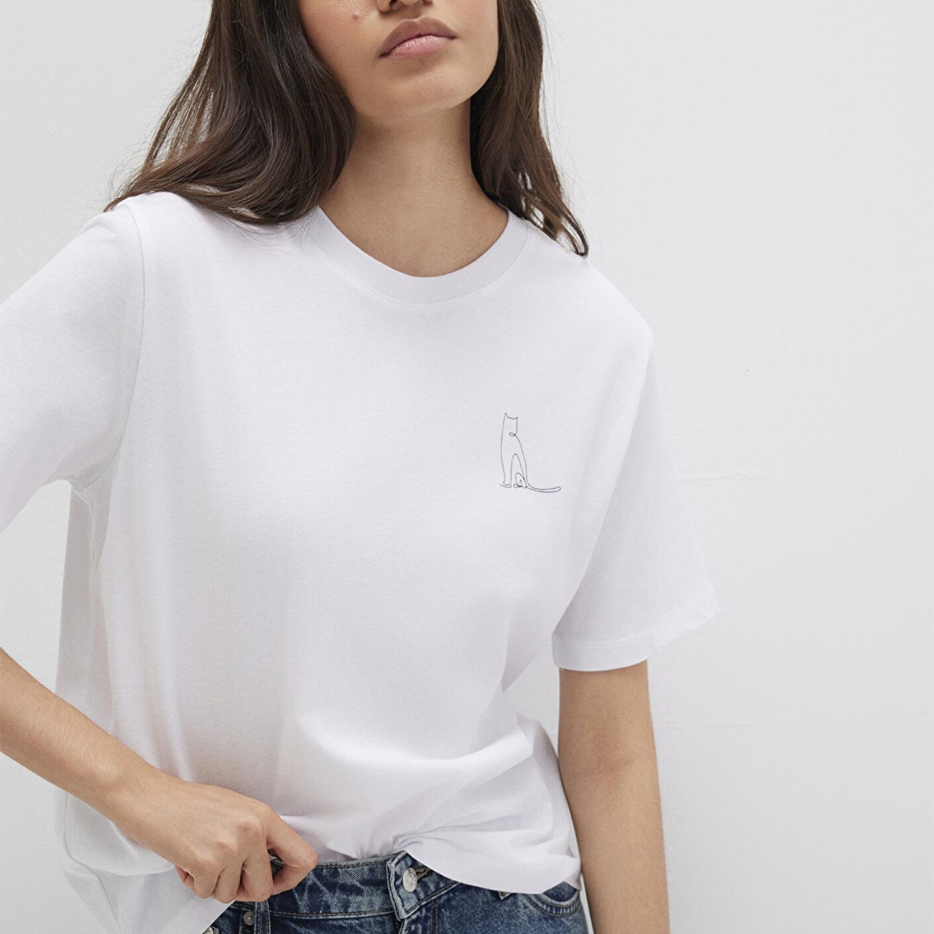 Mavi Kedi Baskılı Beyaz Tişört Regular Fit / Normal Kesim 1612298-620