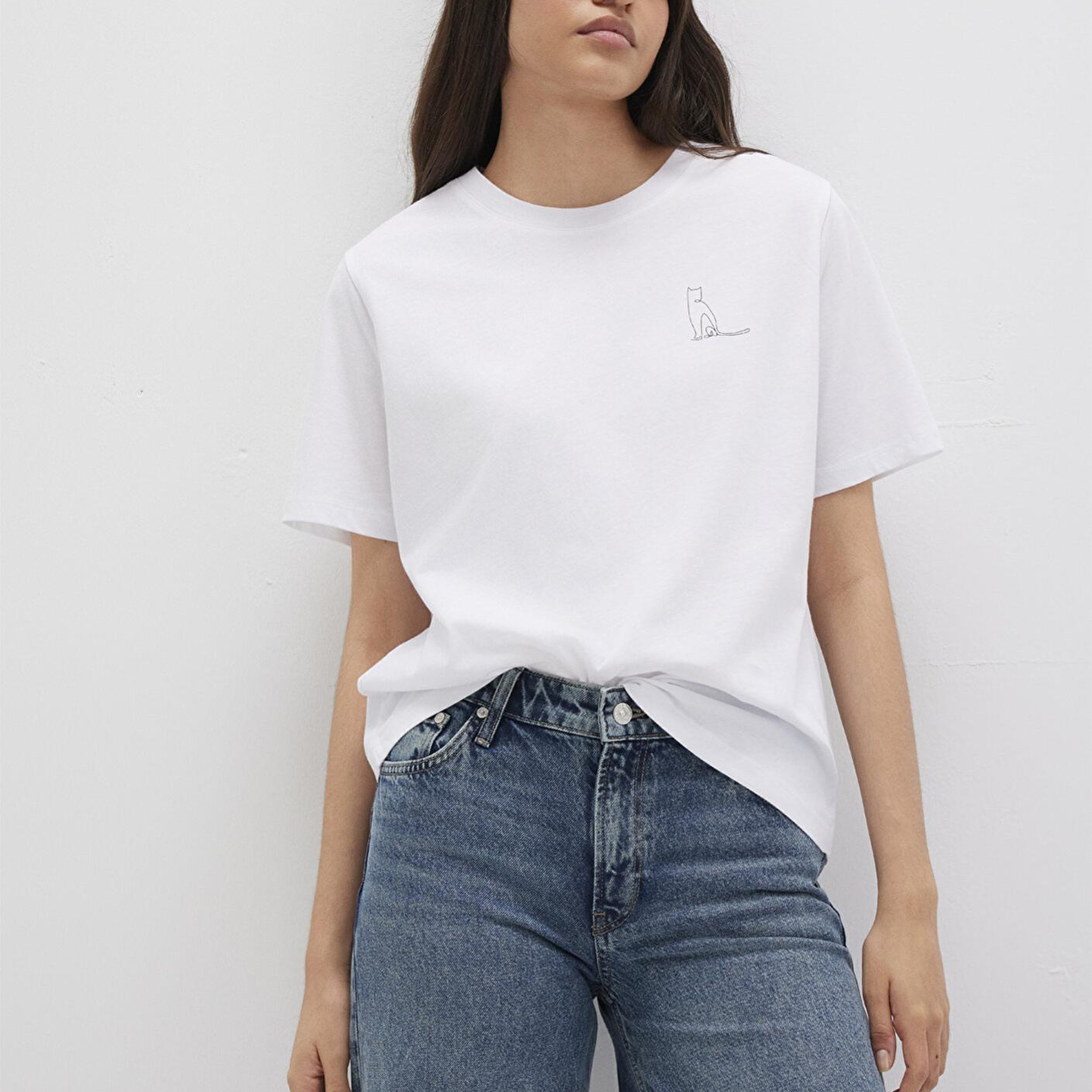 Mavi Kedi Baskılı Beyaz Tişört Regular Fit / Normal Kesim 1612298-620