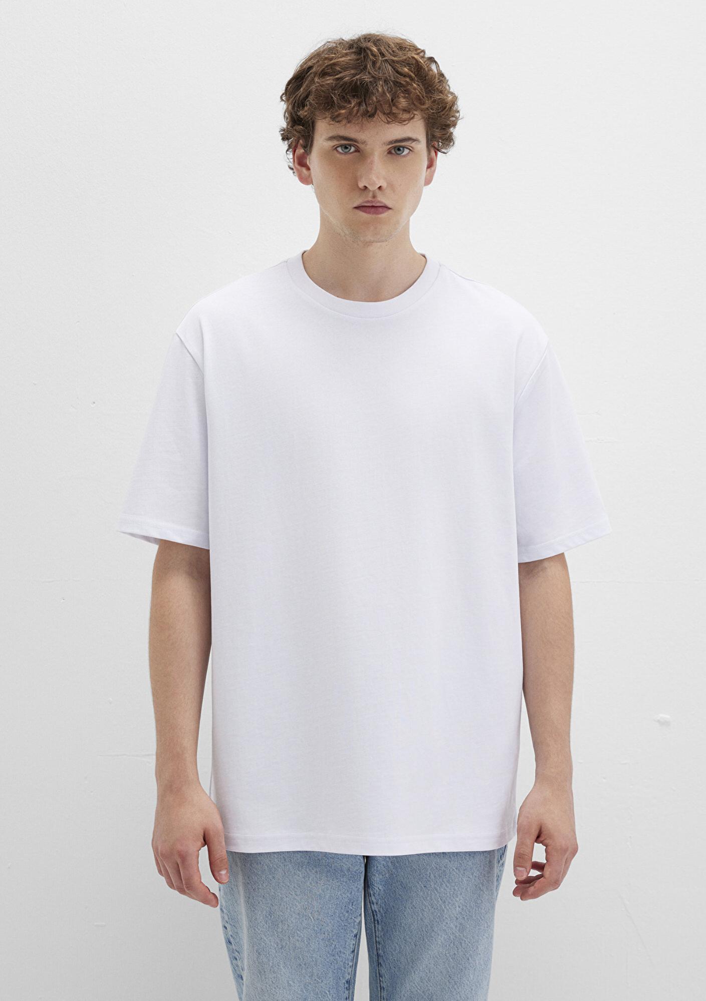 Mavi Logo Kol Detaylı Beyaz Basic Tişört Loose Fit / Bol Rahat Kesim 0611924-620