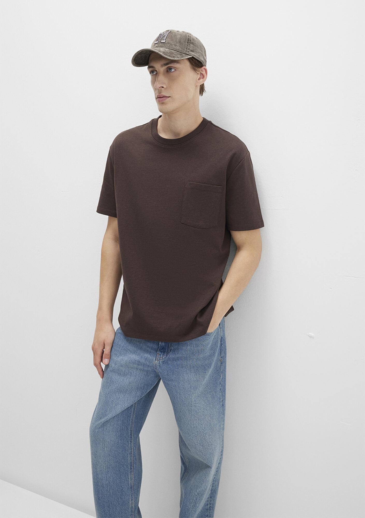 Mavi Cep Detaylı Kahverengi Basic Tişört Loose Fit / Bol Rahat Kesim 066248-70251