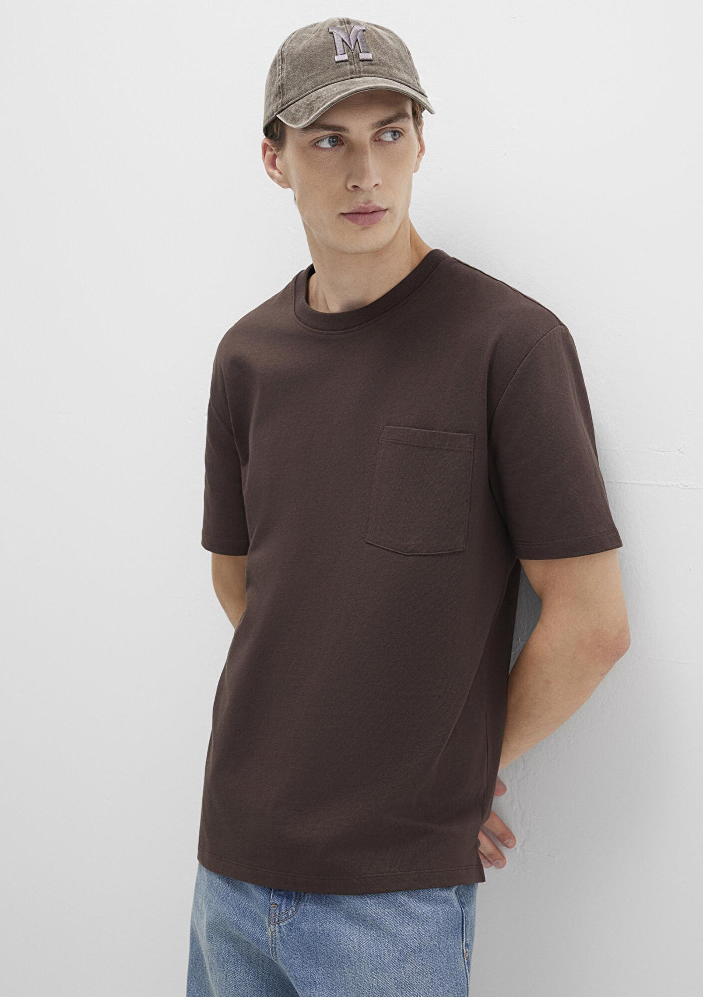 Mavi Cep Detaylı Kahverengi Basic Tişört Loose Fit / Bol Rahat Kesim 066248-70251