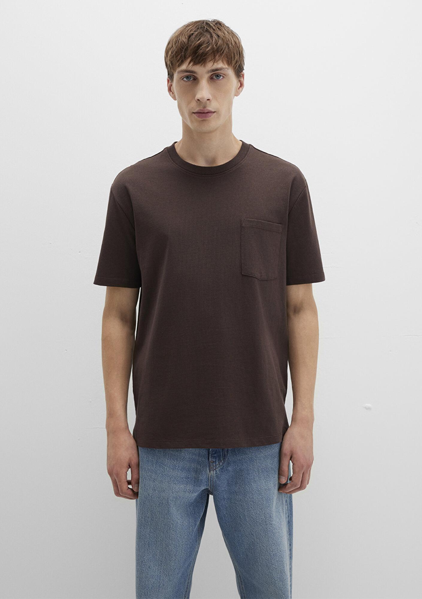 Mavi Cep Detaylı Kahverengi Basic Tişört Loose Fit / Bol Rahat Kesim 066248-70251