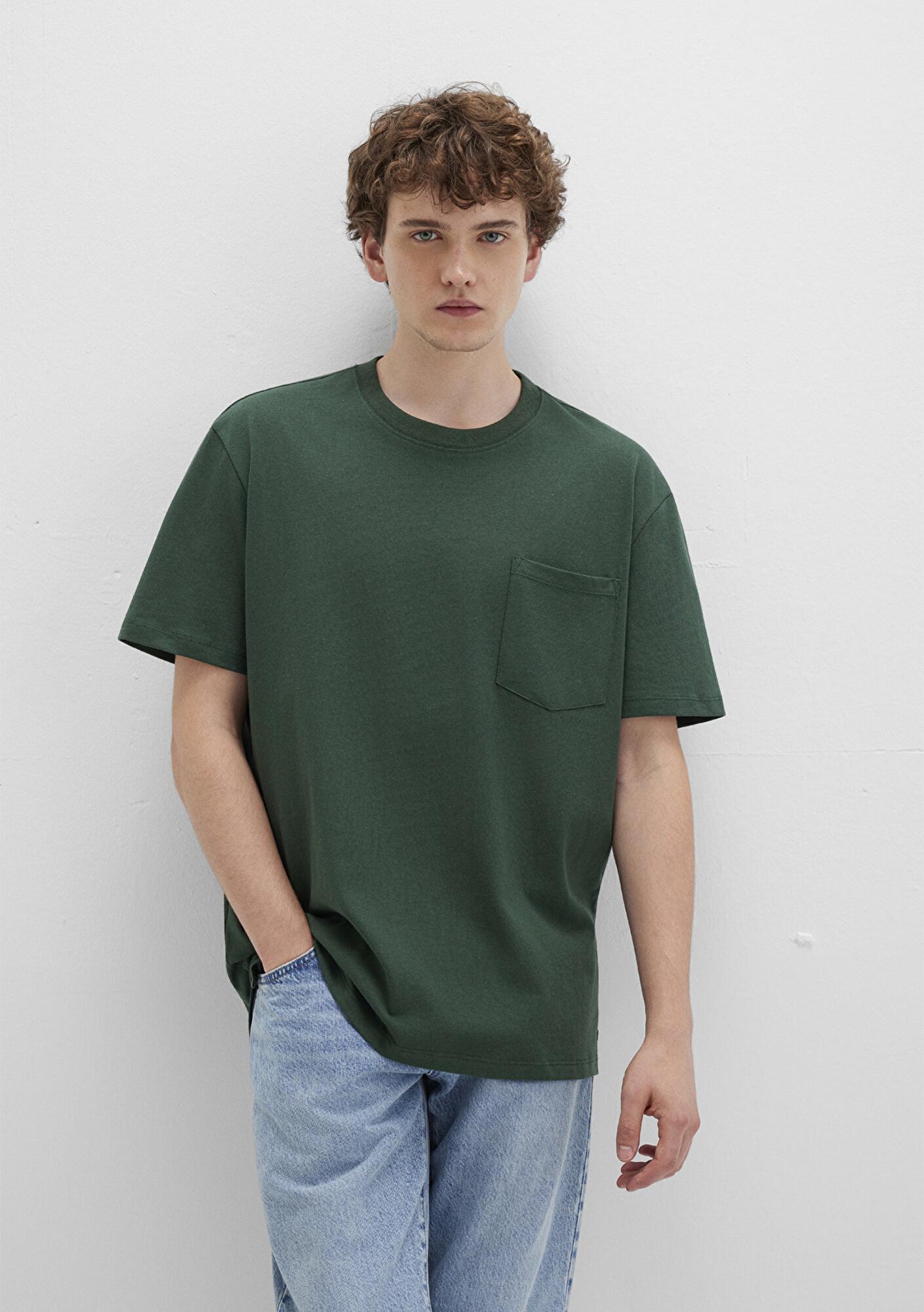 Mavi Cep Detaylı Yeşil Basic Tişört Loose Fit / Bol Rahat Kesim 066248-81570